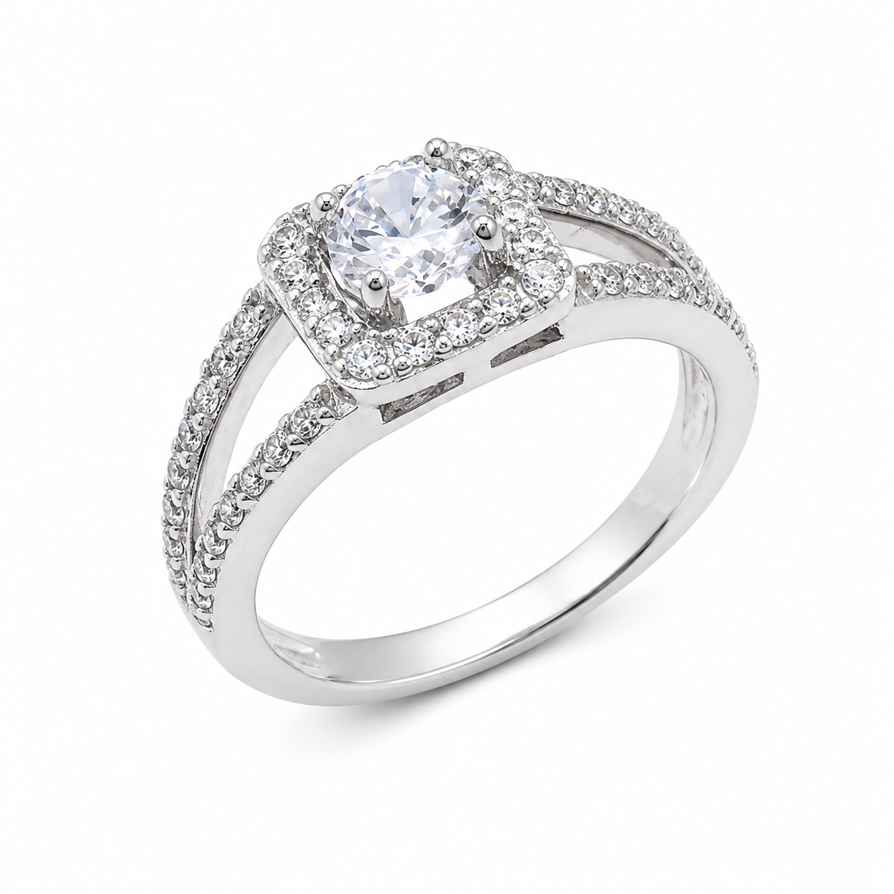 Anillo nupcial de plata 925 chapado en rodio con centro redondo transparente y cuadrado con circonita cúbica - BGR00465