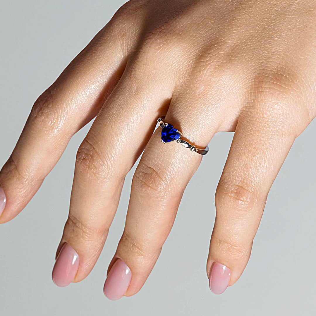 Rhodium Plated 925 Sterling Silver CZ Heart Blue September Ring - BGR00521SEP