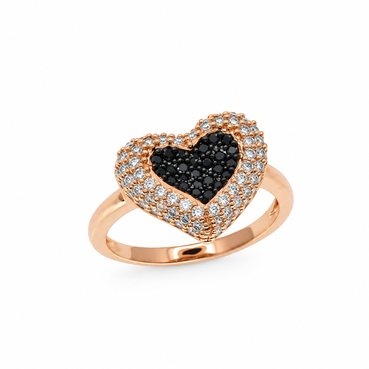 Clearance-Rose Gold and Black Rhodium Plated 925 Sterling Silver Clear and Black Pave Set Heart Ring - BGR00605