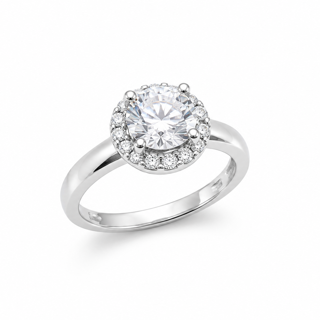 Anillo de novia con circonita cúbica central redonda transparente bañado en rodio de plata 925 - BGR00720
