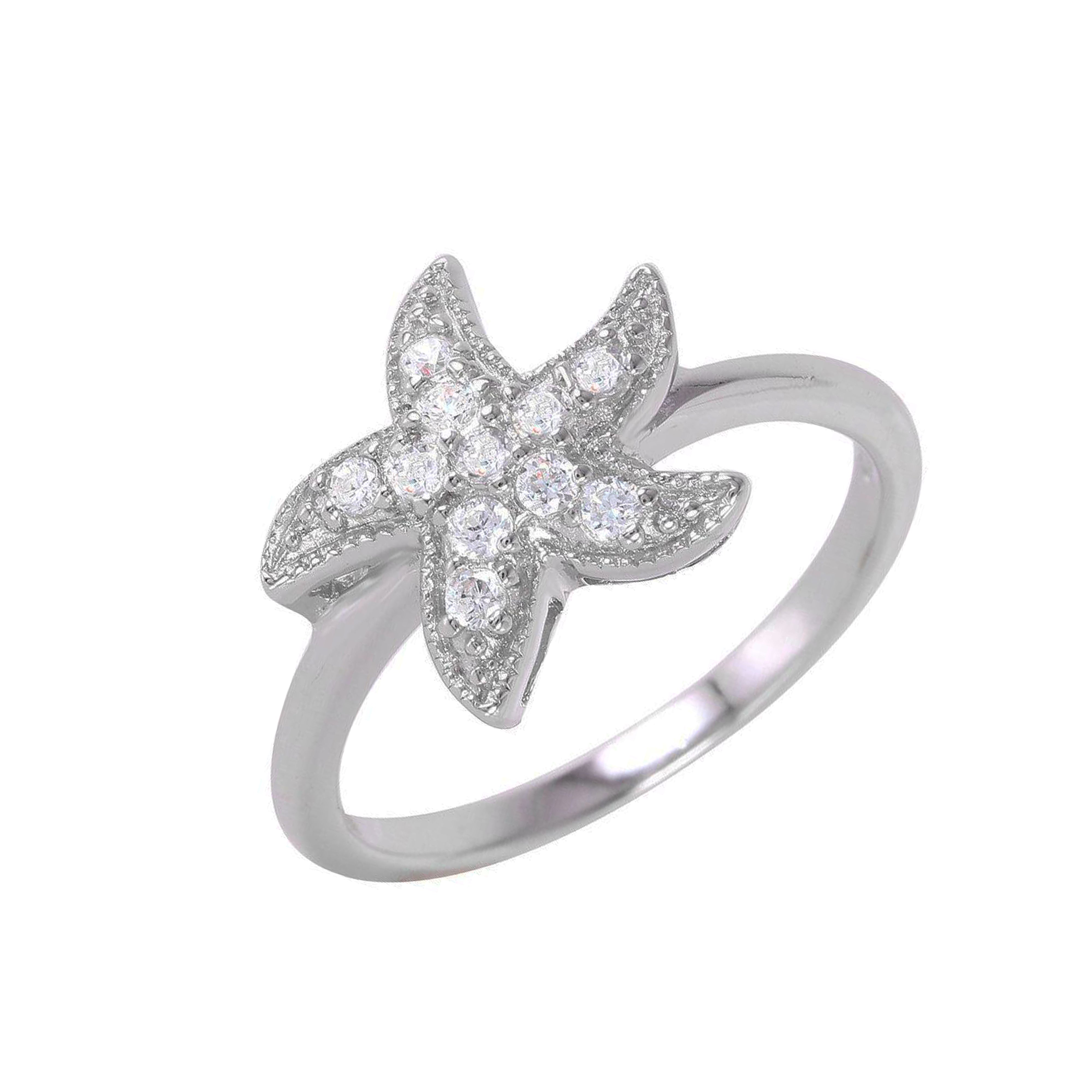 Silver 925 Rhodium Plated Clear Pave Set CZ Starfish Ring - BGR00937
