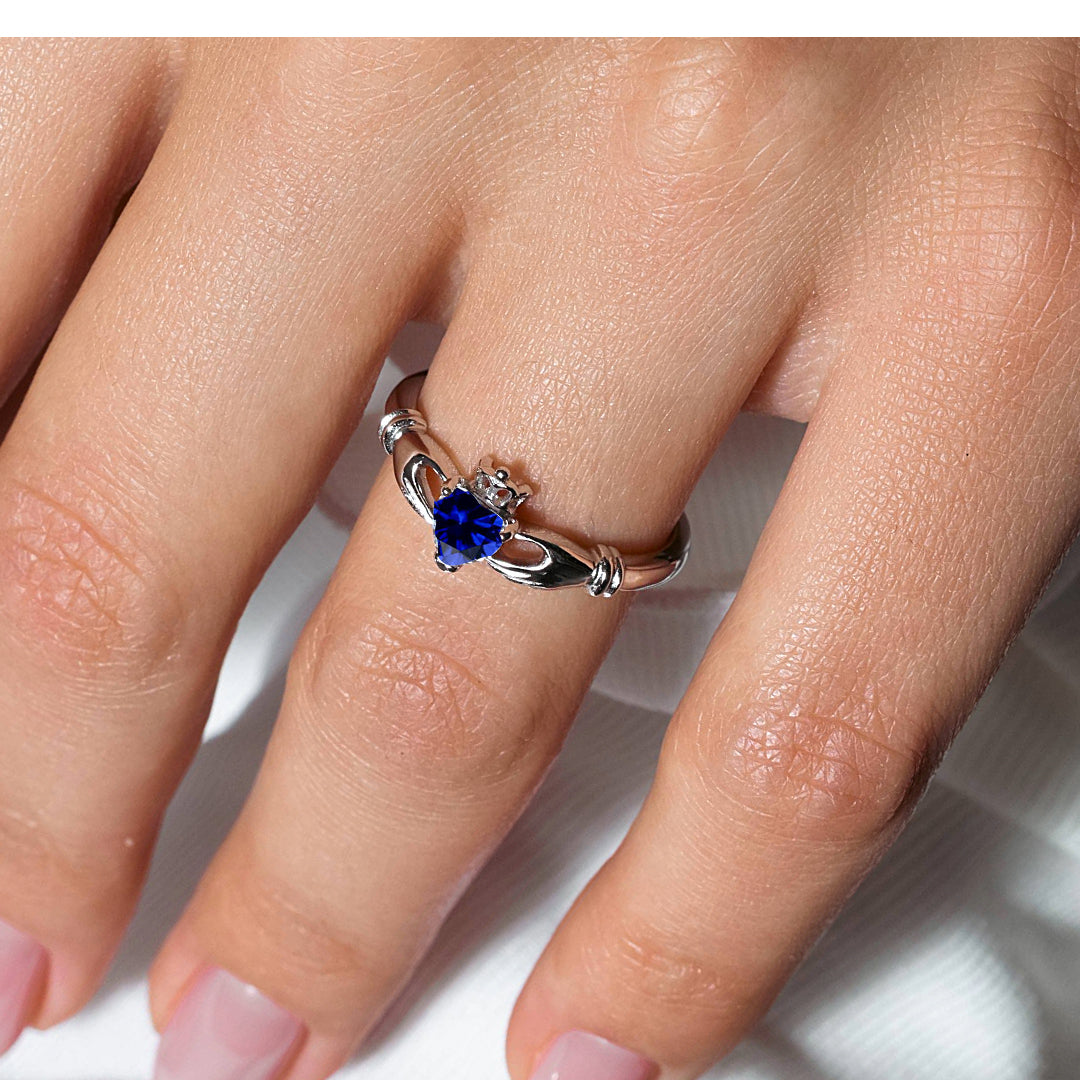 September Sterling 925 Silver Rhodium Plated CZ Center Birthstone Claddagh Ring - BGR01083SEP