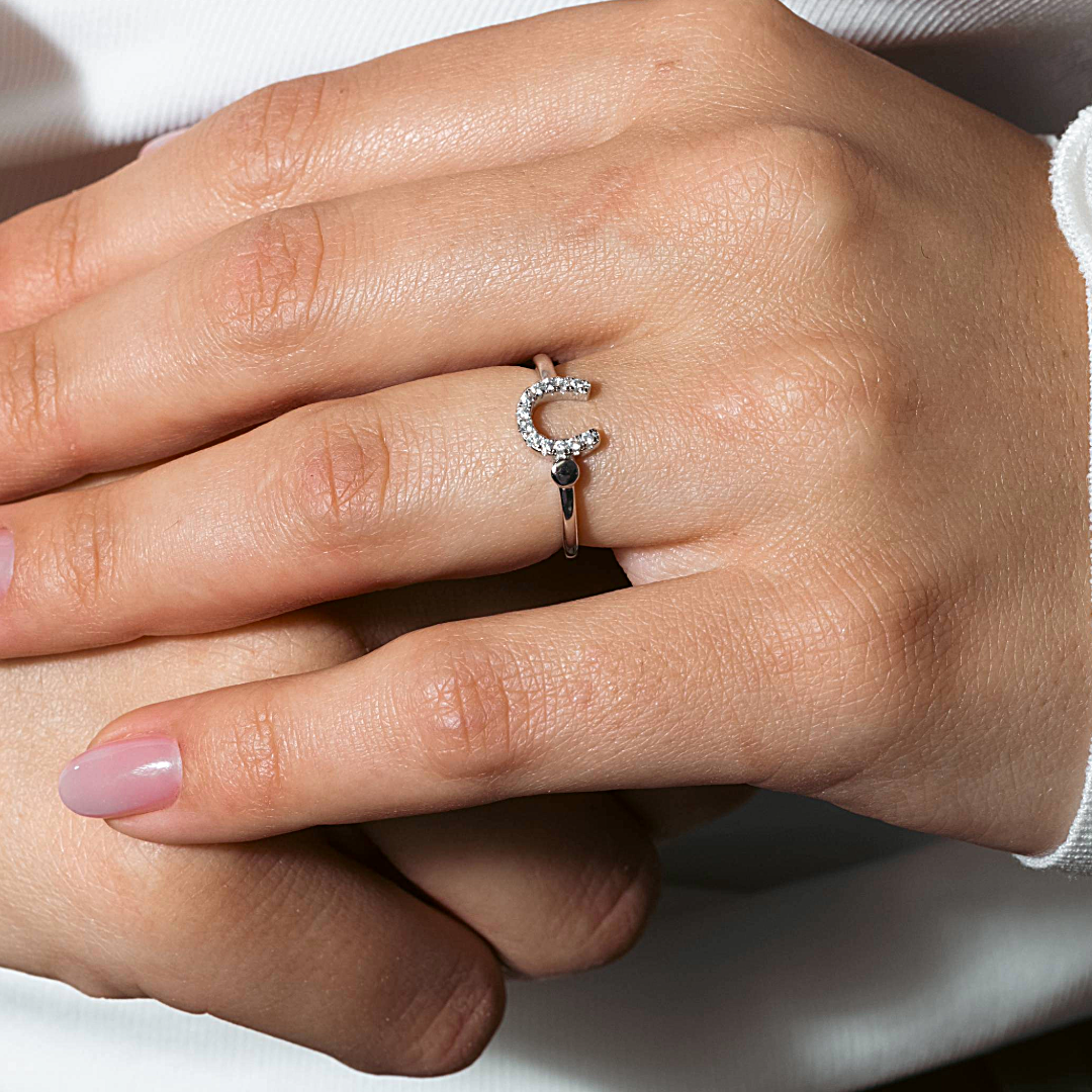 Silver 925 Rhodium Plated CZ Encrusted Horse Shoe Ring - BGR01130