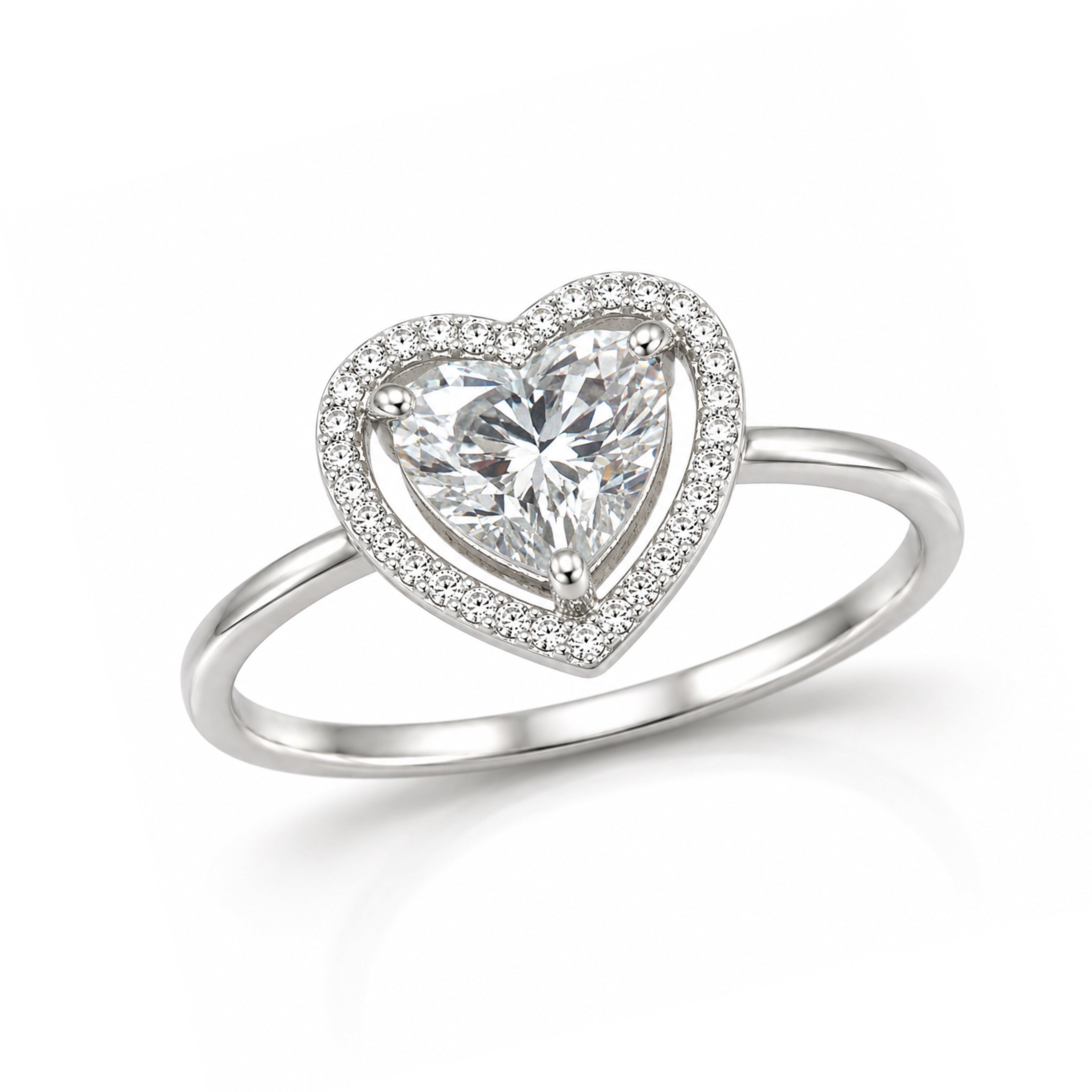 Rhodium Plated 925 Sterling Silver Clear Halo Heart Engagement Ring - BGR01139