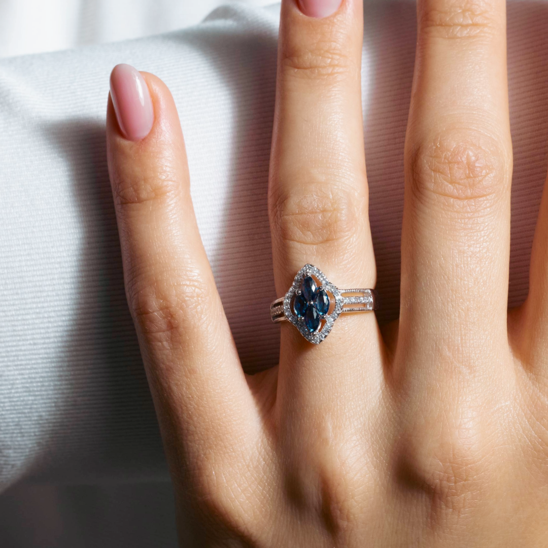 Rhodium Plated 925 Sterling Silver 4 Blue Marquise Center CZ Ring - BGR01253BLU