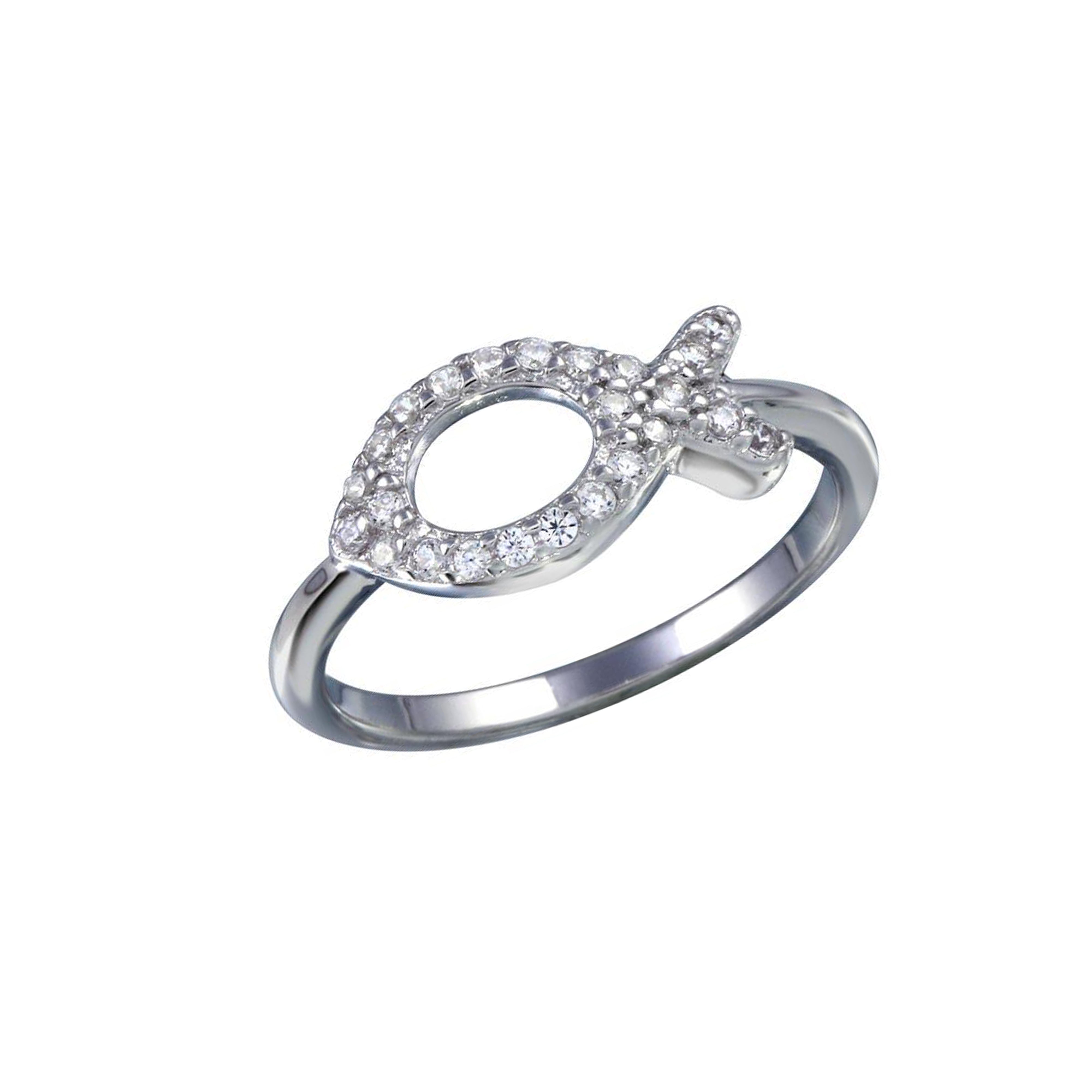 Rhodium Plated 925 Sterling Silver Open CZ Fish Ring - BGR01289