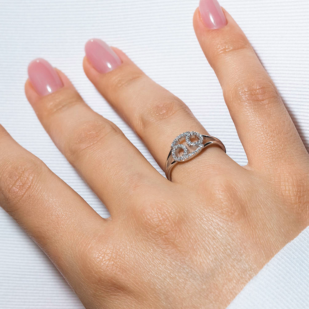 Rhodium Plated 925 Sterling Silver Cancer CZ Zodiac Sign Ring - BGR01326