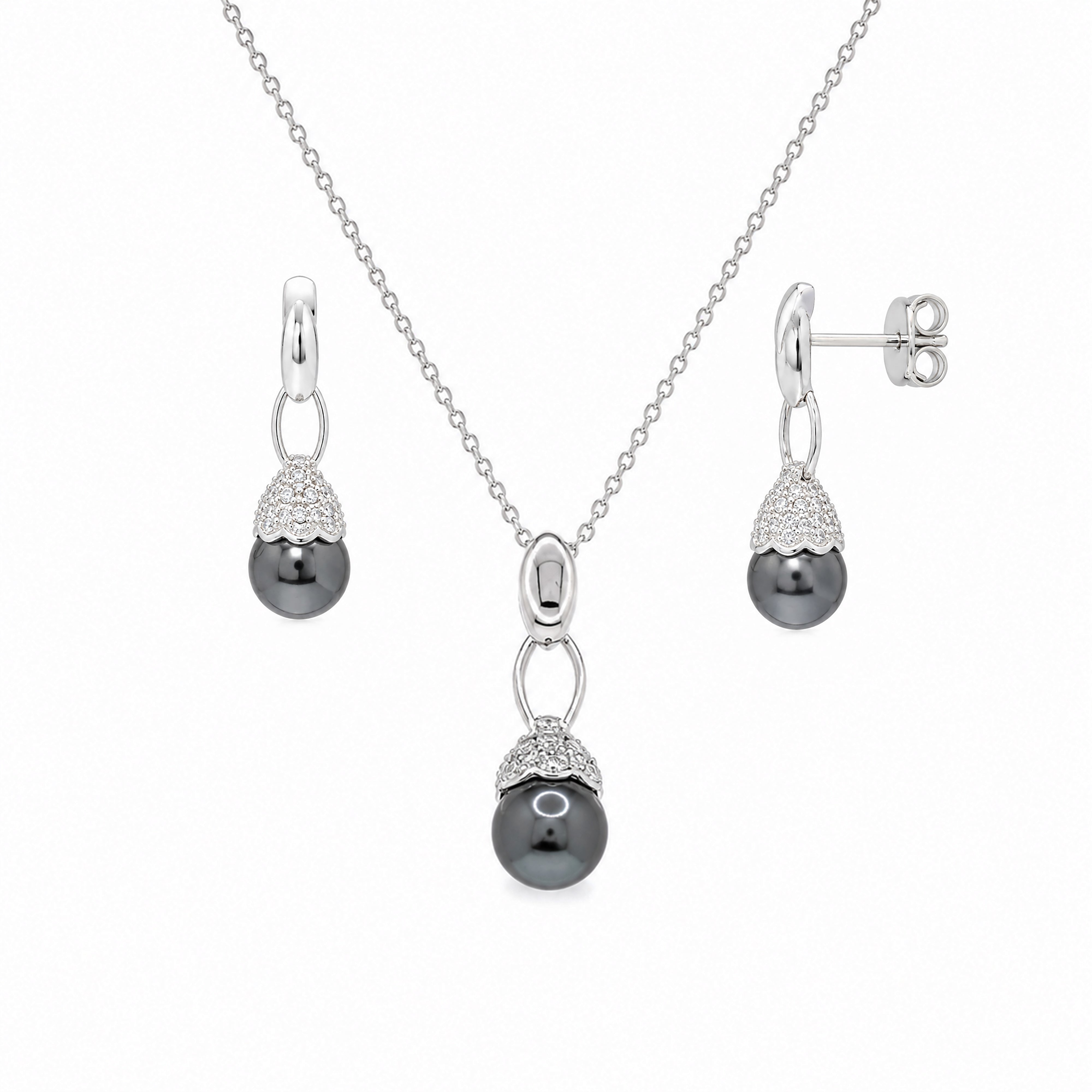 Juego de aretes colgantes y collar colgante con circonita transparente y perla negra chapada en rodio de plata 925 - BGS00001