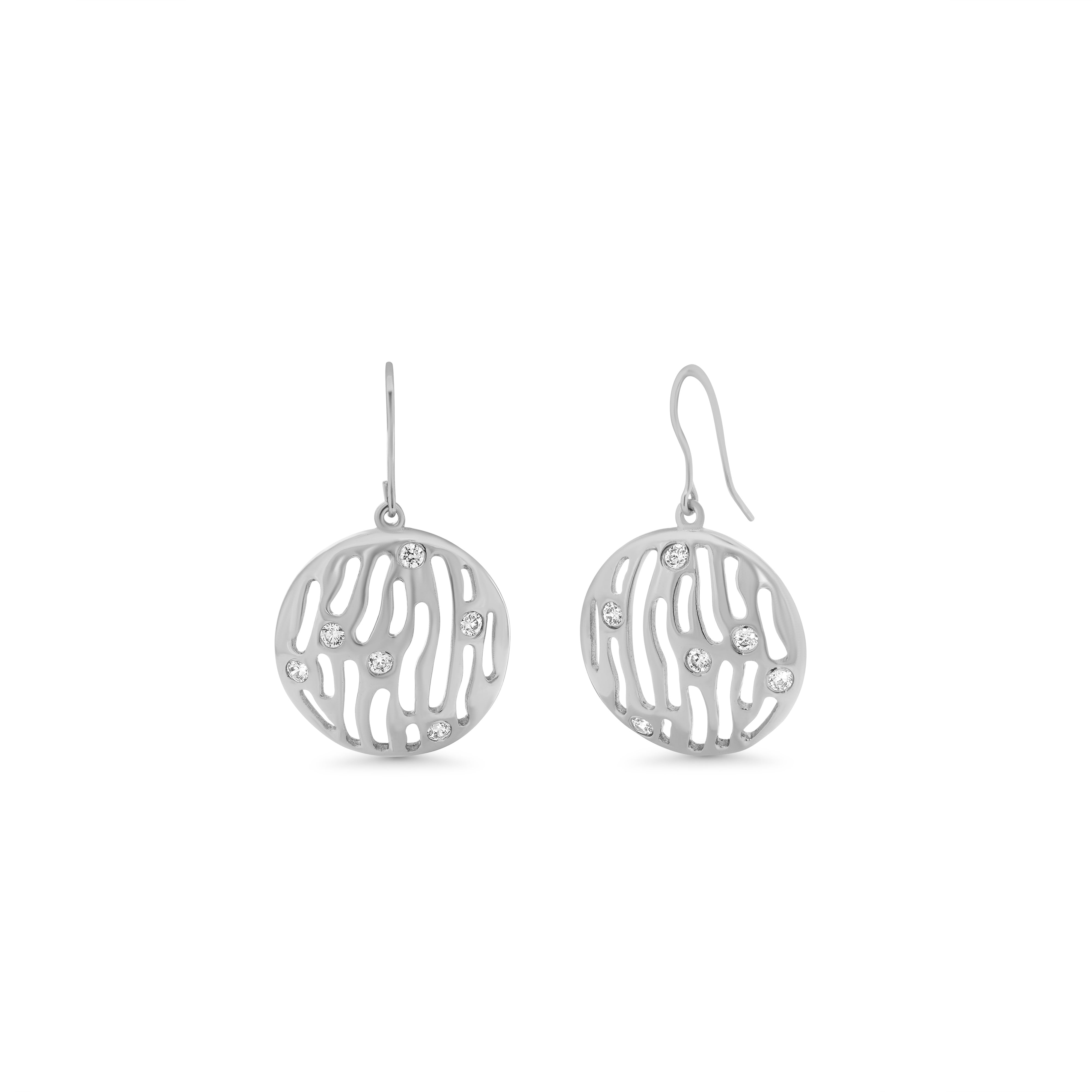 Silver 925 Rhodium Plated Round Open Zebra Stripe Clear CZ Hook Earring and Dangling Necklace Set - BGS00018