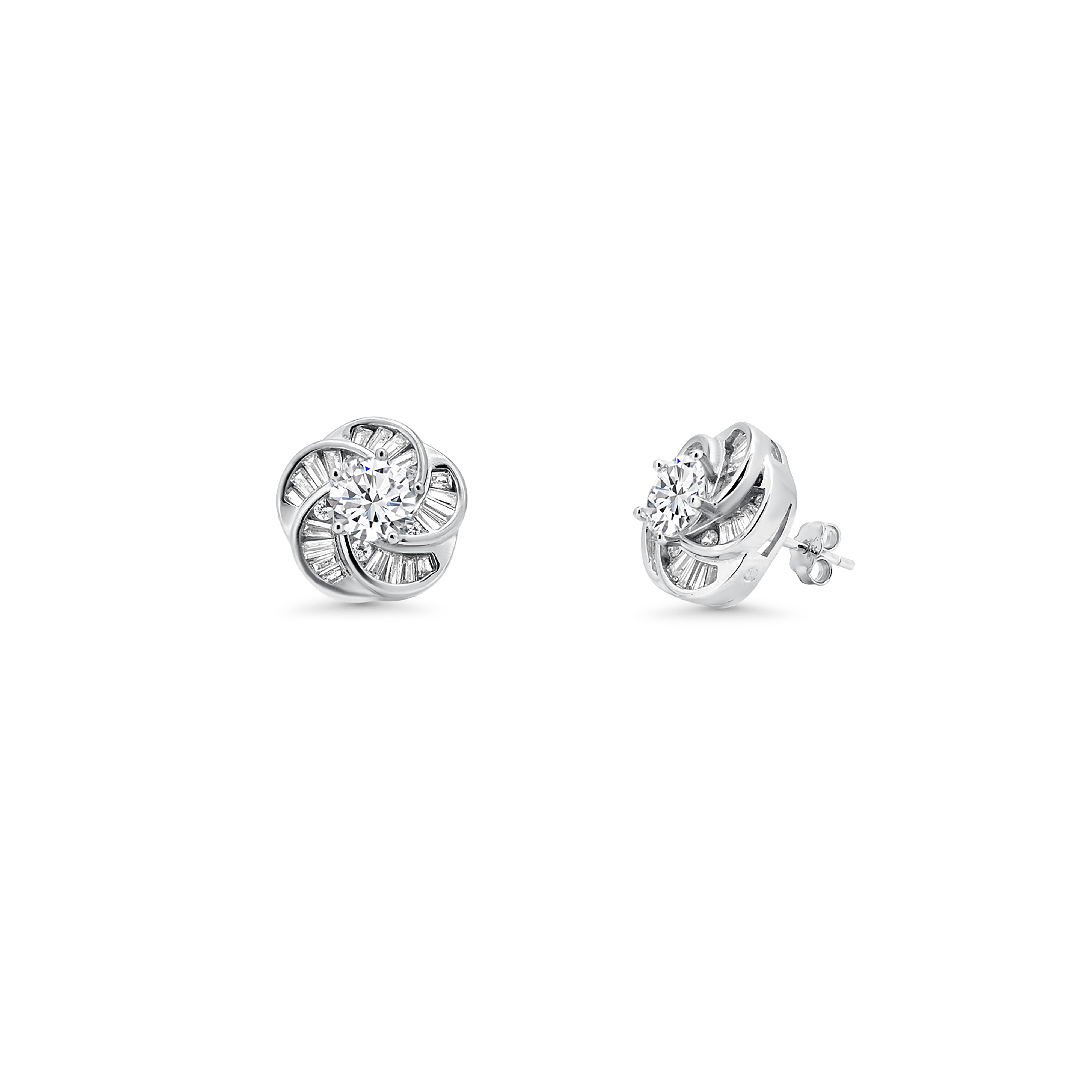 Rhodium Plated 925 Sterling Silver Clear Baguette Spiral Flower CZ Earring and Necklace Set - BGS00093