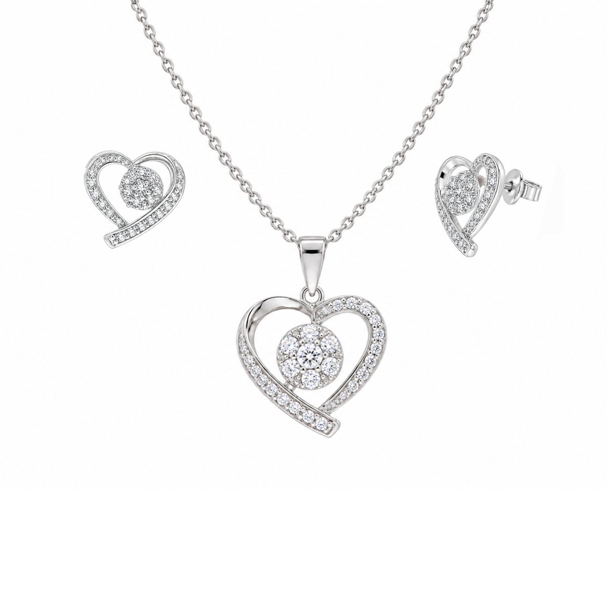 Rhodium Plated 925 Sterling Silver Open Heart Clear Outline CZ Matching Set - BGS00107