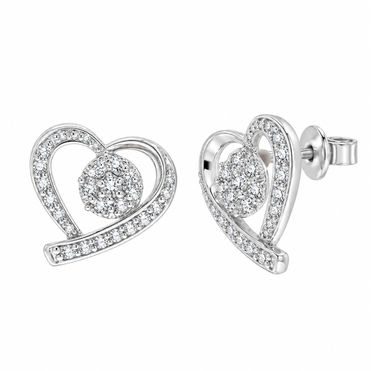Rhodium Plated 925 Sterling Silver Open Heart Clear Outline CZ Matching Set - BGS00107