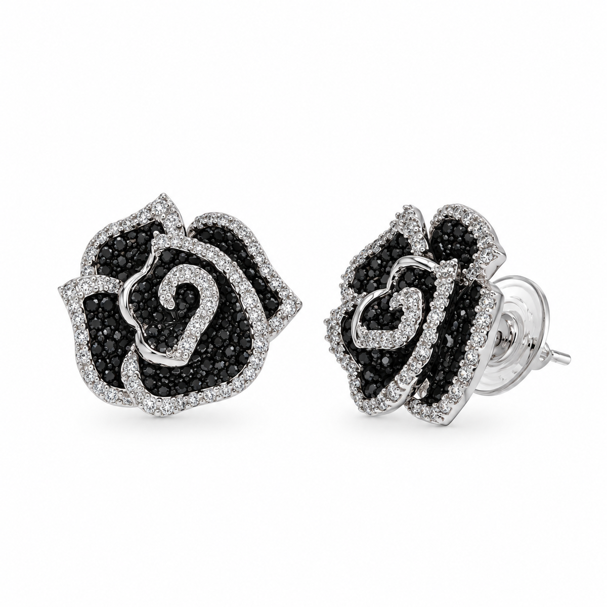 Juego de pendientes a juego con circonitas cúbicas negras y transparentes en plata de ley 925 con baño de rodio y rodio negro - BGS00115