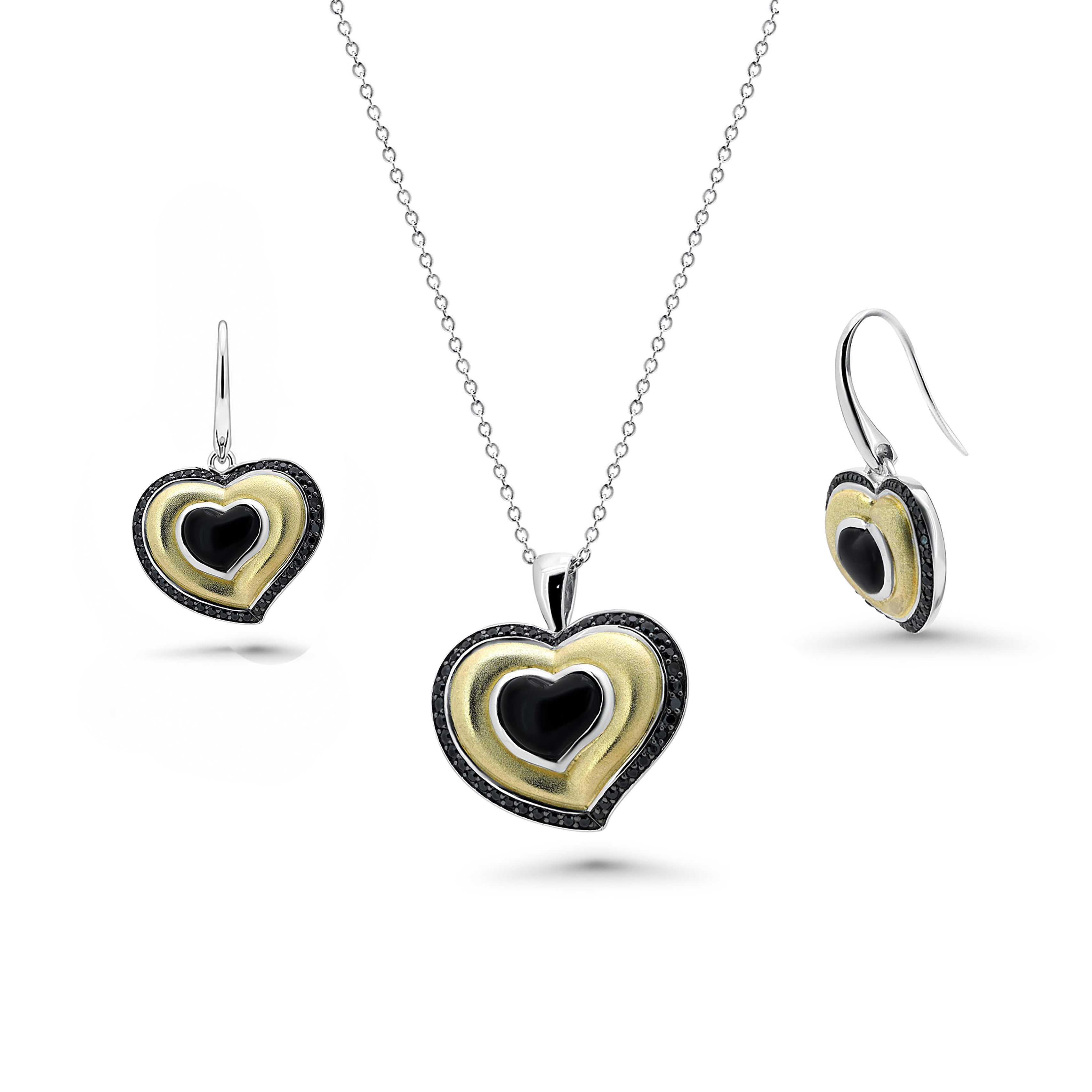 Liquidación - Conjunto de pendientes y collar con corazón de circonita negra en plata 925 rodiada y baño de oro - BGS00126