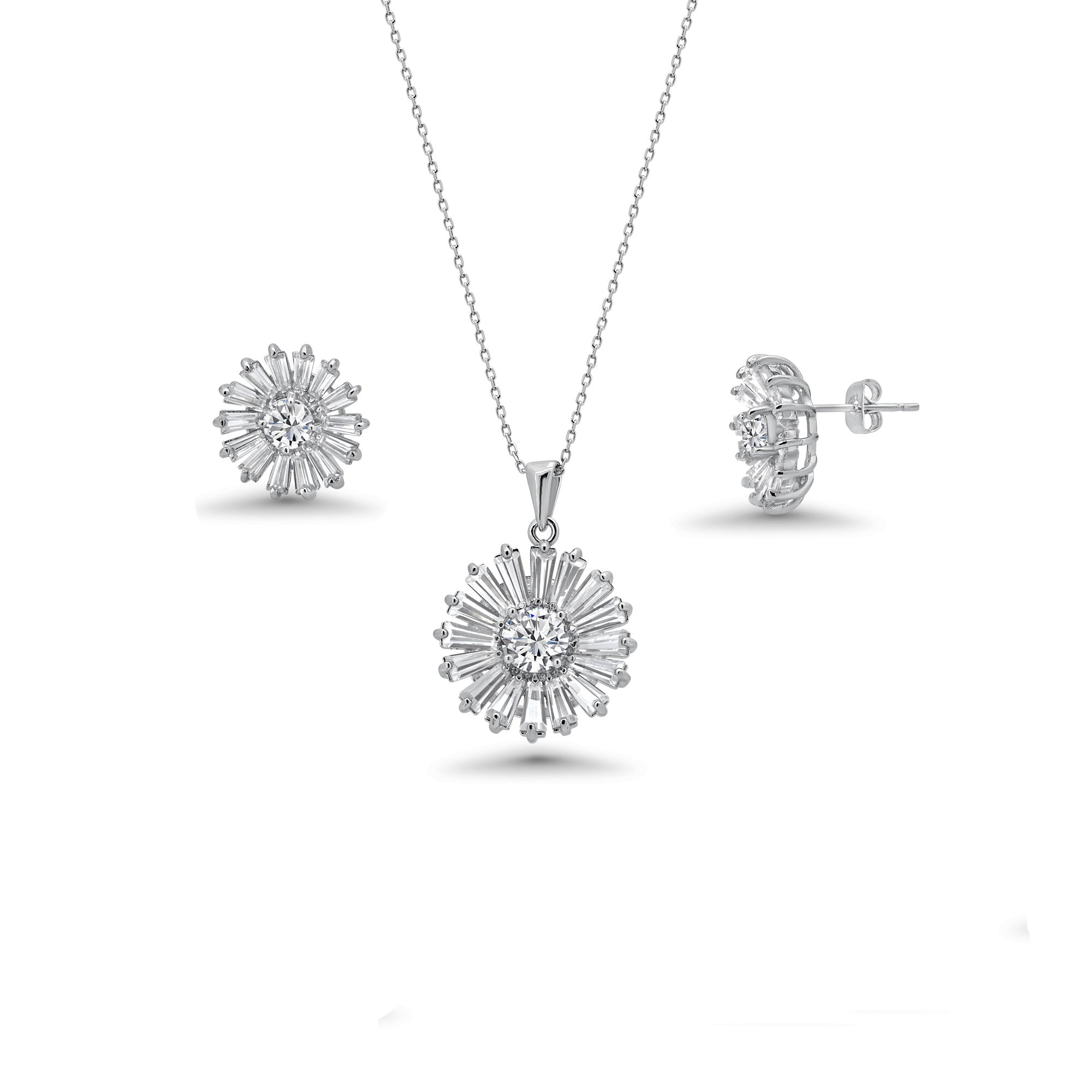 Rhodium Plated 925 Sterling Silver Clear Baguette Flower CZ Set - BGS00140