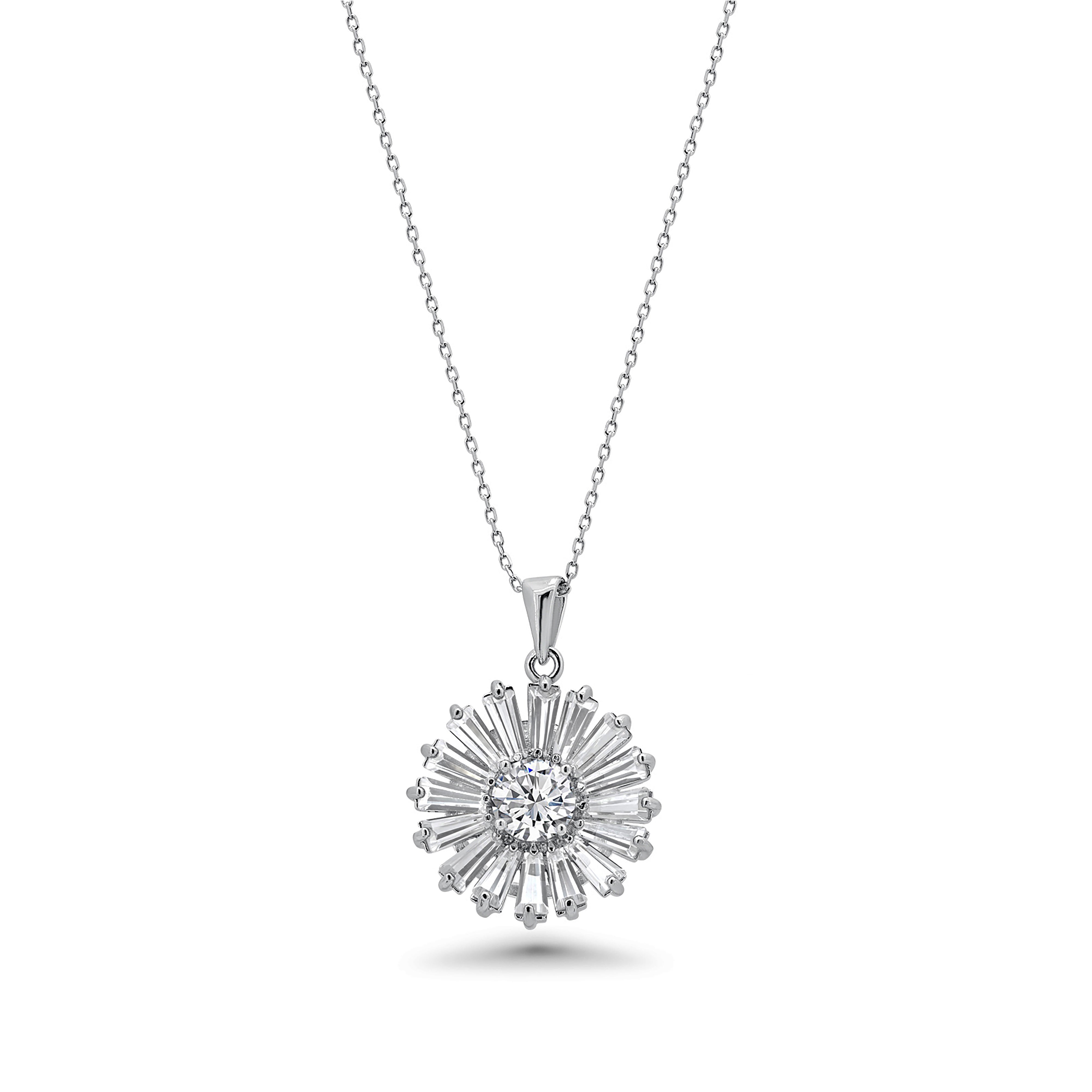 Rhodium Plated 925 Sterling Silver Clear Baguette Flower CZ Set - BGS00140