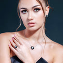 Clearance-Silver 925 Rhodium Plated Black Onyx Clear Star CZ Stud Earring and Necklace Set - BGS00142