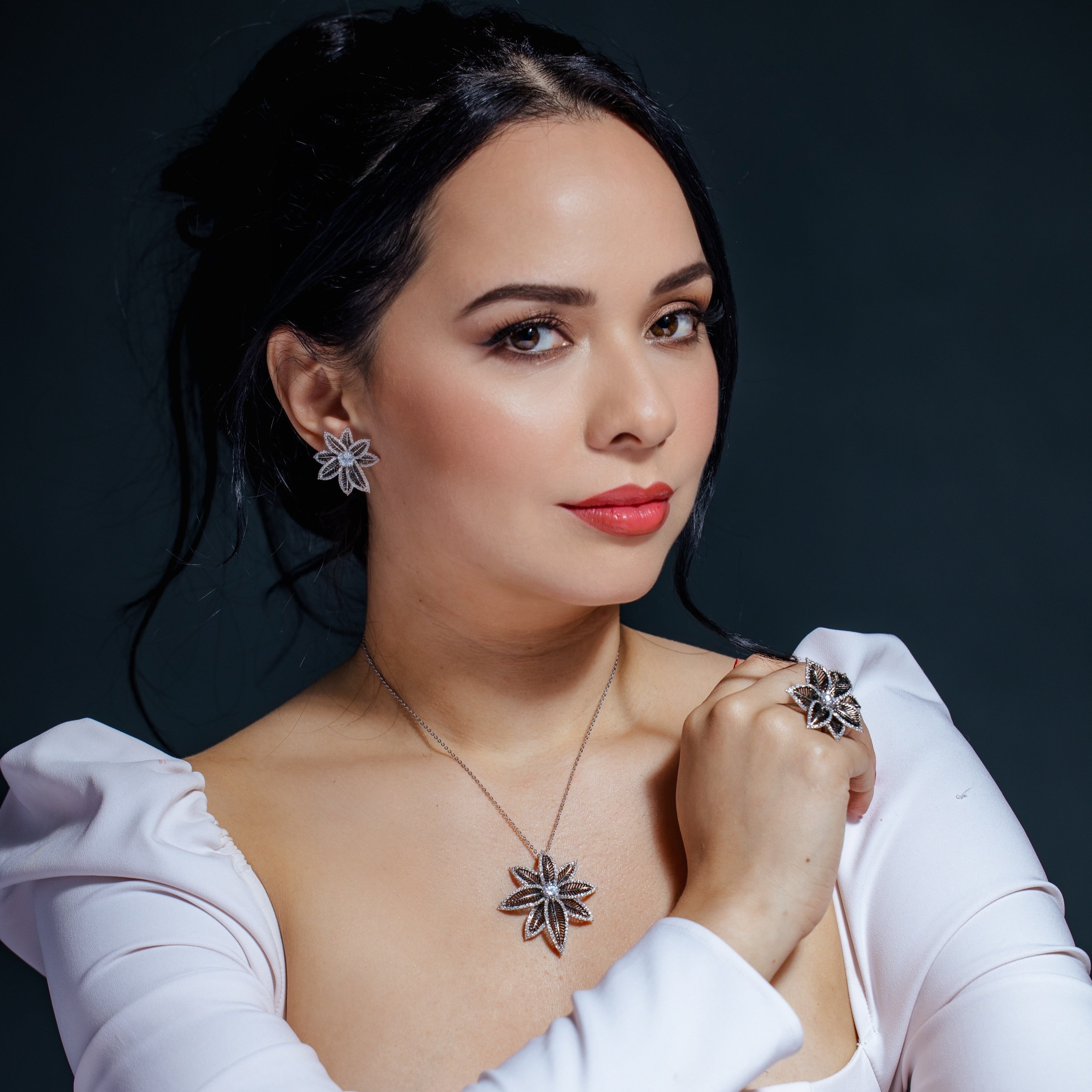 Clearance-Silver 925 Rhodium and Black Rhodium Plated Spiny Pointed Flower Clear CZ Stud Earring and Necklace Set - BGS00156