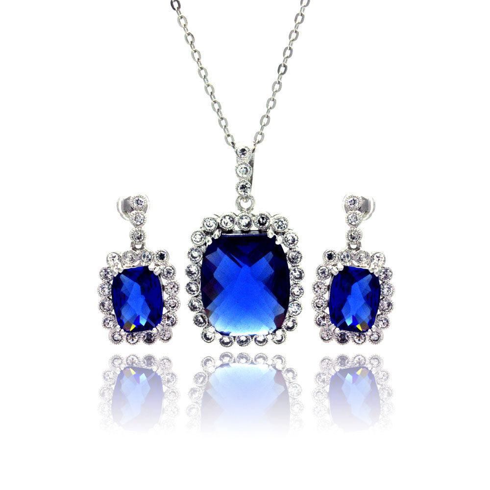 Conjunto de aretes y collar colgantes de plata 925 rodiada con piedra de nacimiento y circonita cúbica rectangular transparente - BGS00163