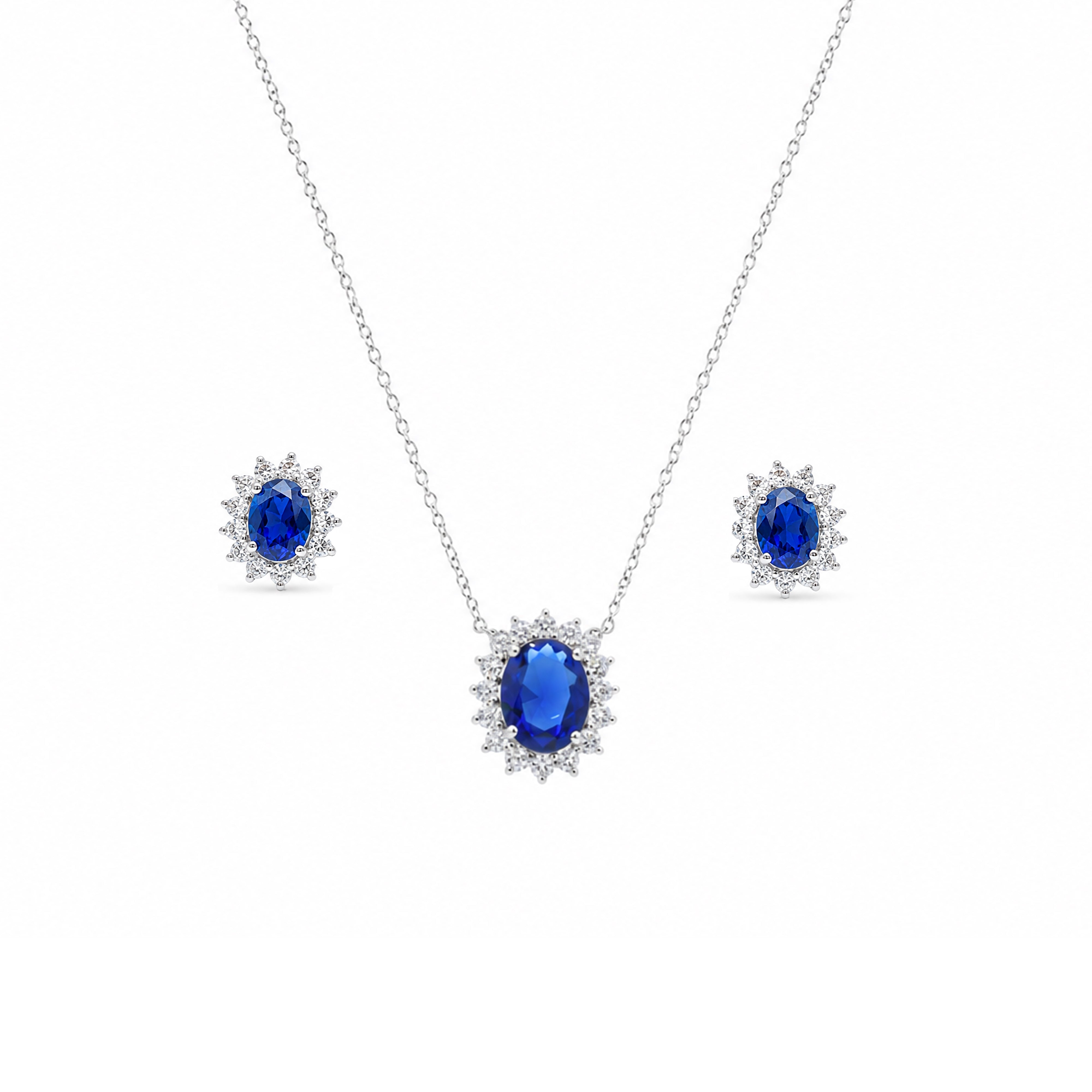 Rhodium Plated 925 Silver Blue and Clear Cluster Oval CZ Stud Earring and Necklace Set - BGS00172