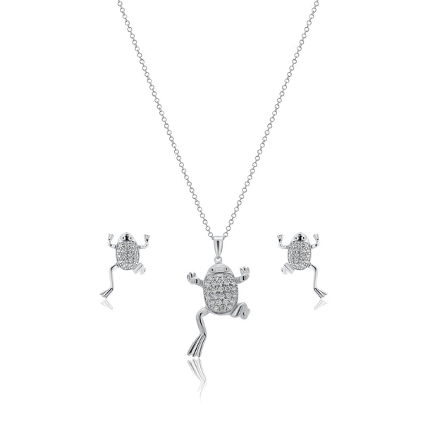 Clearance-Silver 925 Rhodium Plated Clear Climbing Frog CZ Stud Earring and Necklace Set - BGS00173