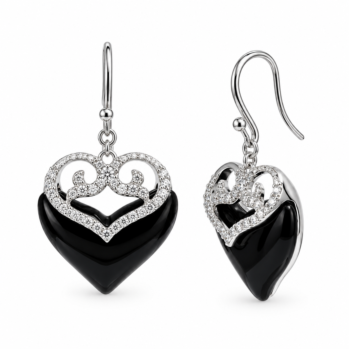 Clearance-Rhodium Plated 925 Sterling Silver Black Onyx Double Heart CZ Earrings and Necklace Set - BGS00219
