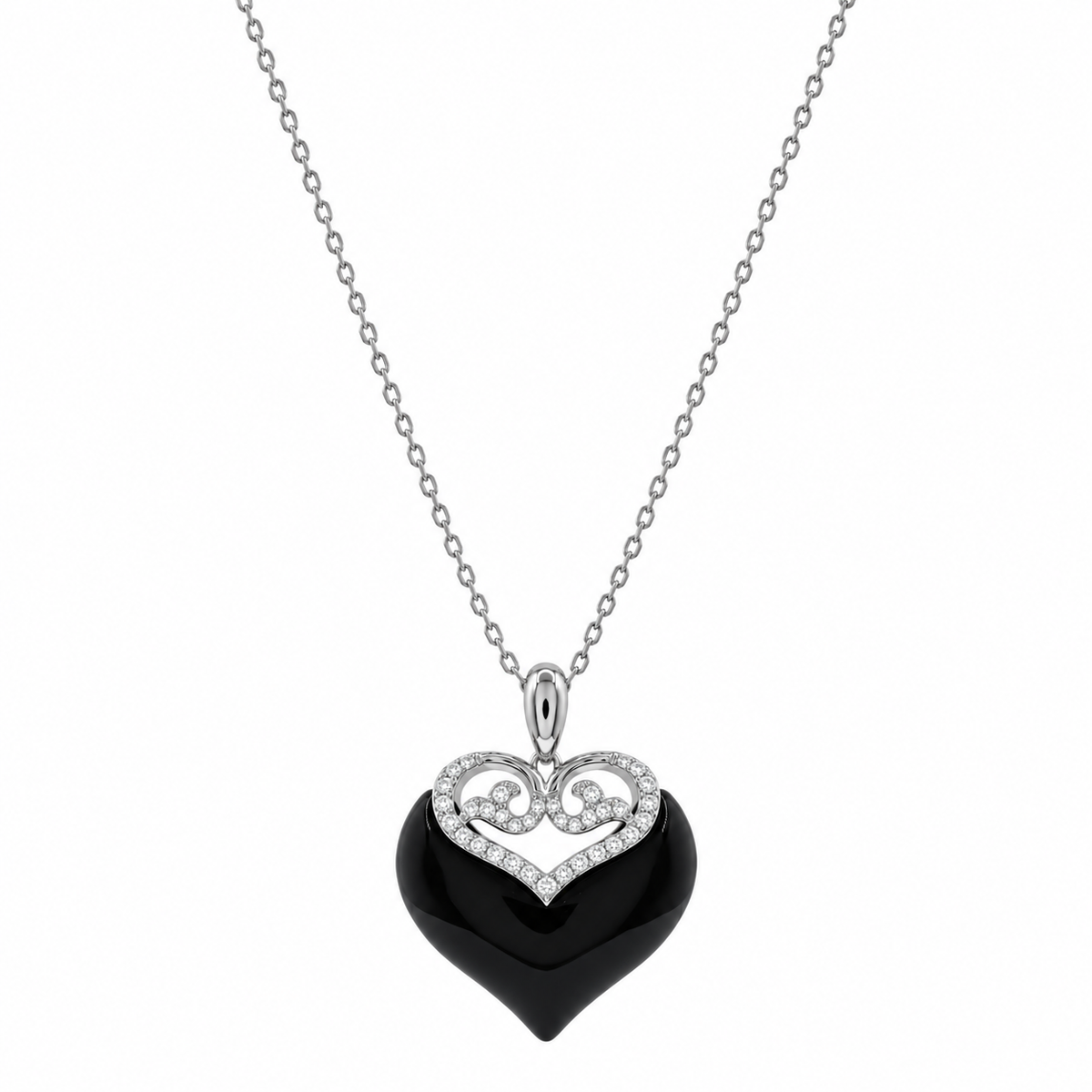 Clearance-Rhodium Plated 925 Sterling Silver Black Onyx Double Heart CZ Earrings and Necklace Set - BGS00219