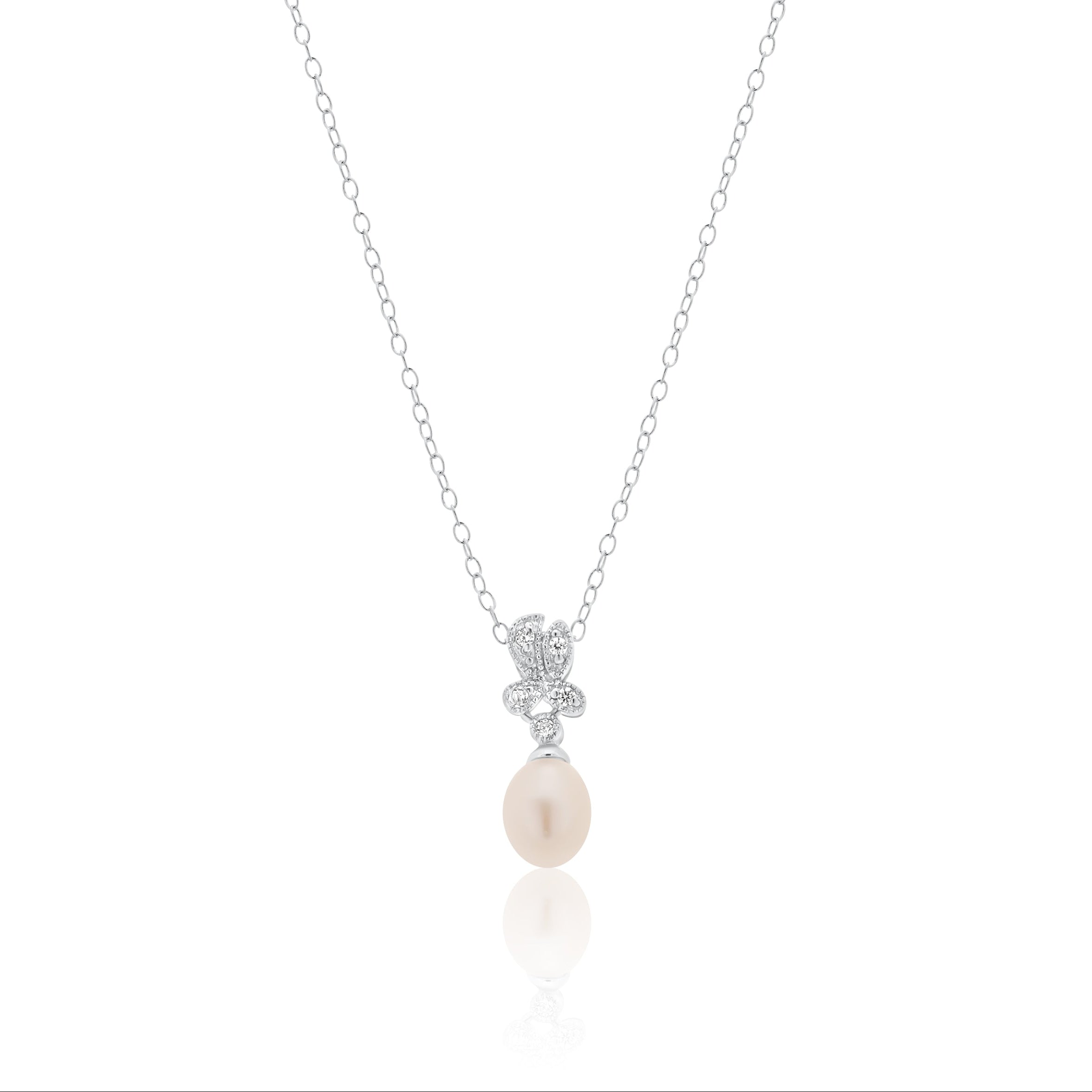 Silver 925 Rhodium Plated Fresh Water Pearl Flower Clear CZ Hanging Set - BGS00242
