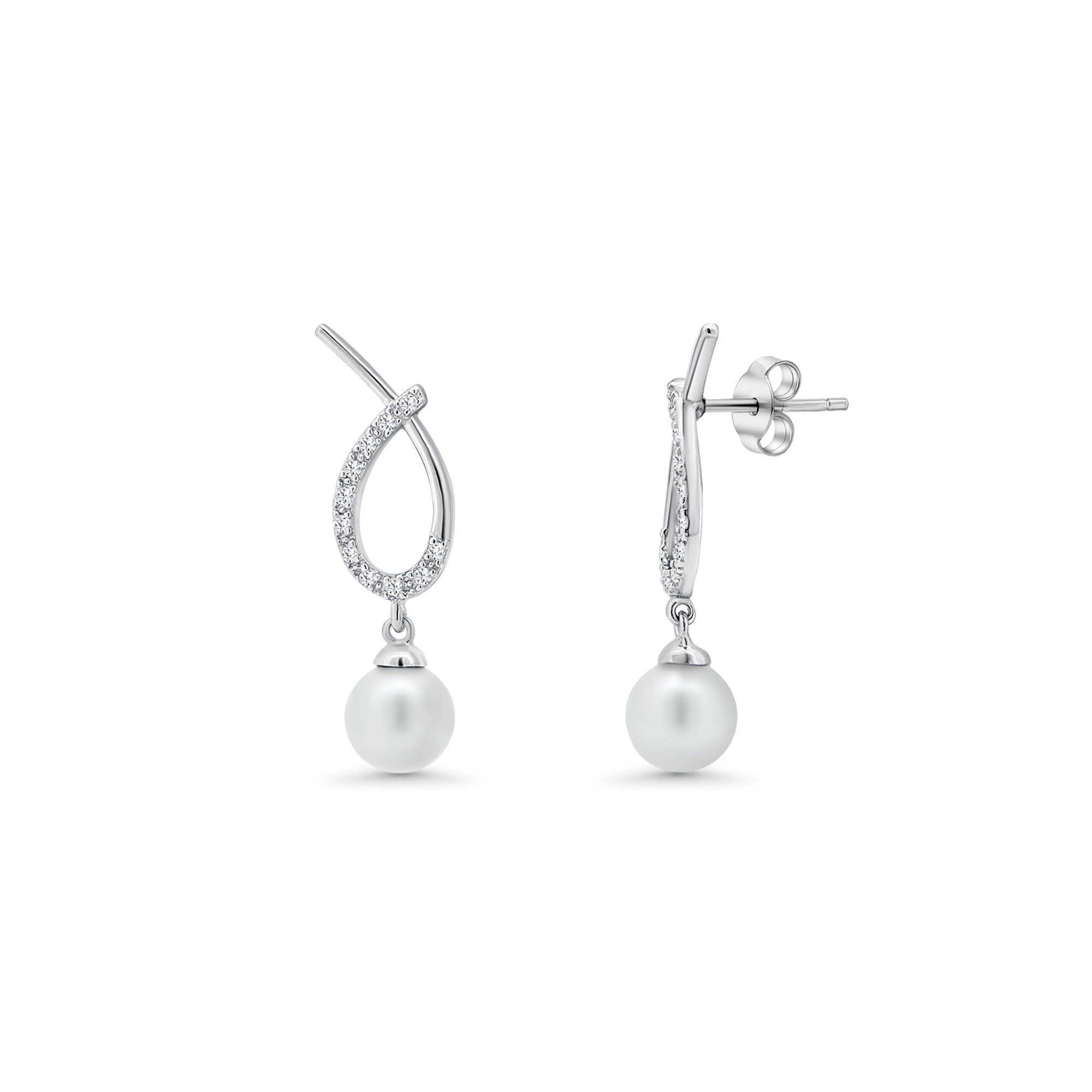 Juego colgante de circonita cúbica con perlas ovaladas superpuestas abiertas transparentes chapadas en rodio de plata 925 - BGS00252