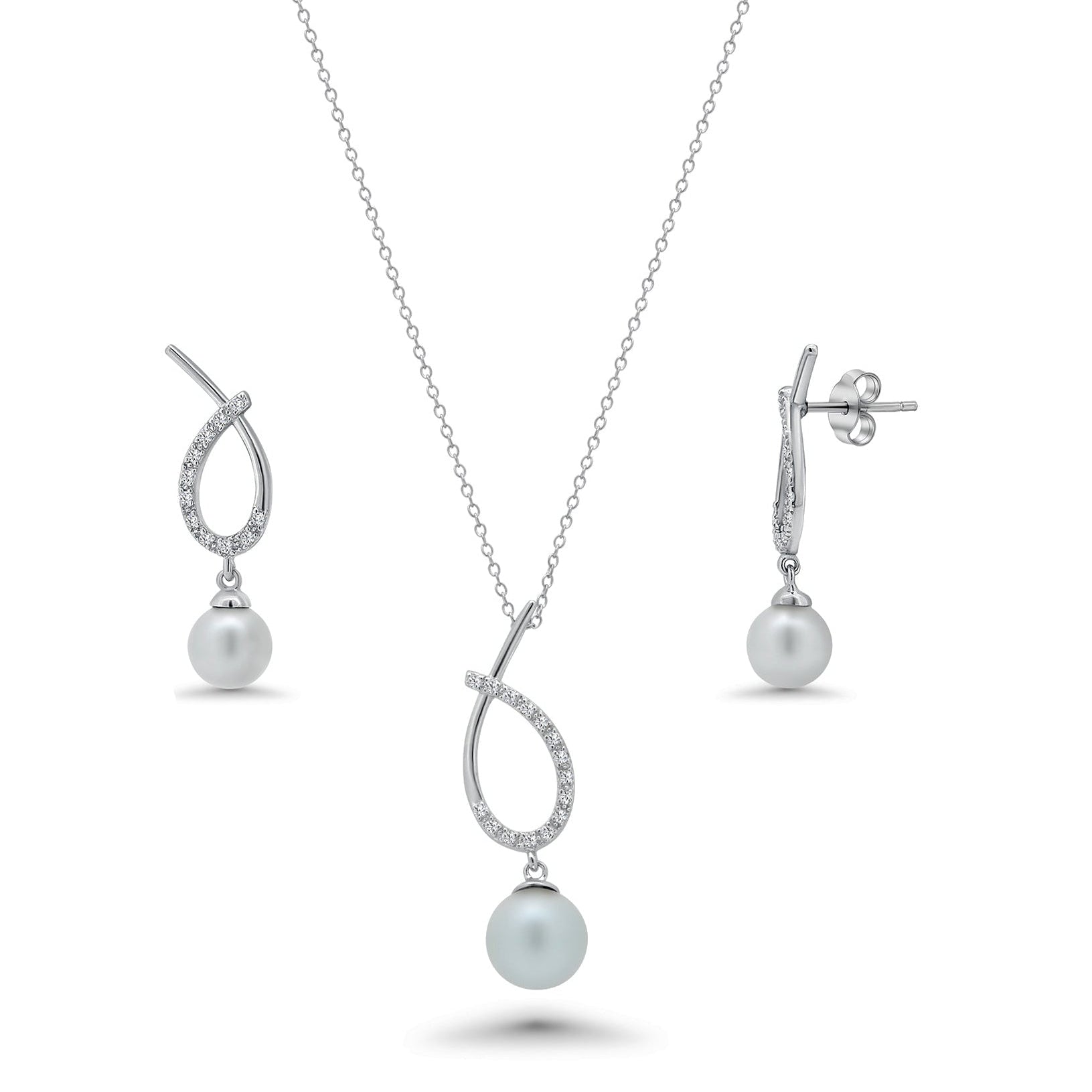 Juego colgante de circonita cúbica con perlas ovaladas superpuestas abiertas transparentes chapadas en rodio de plata 925 - BGS00252