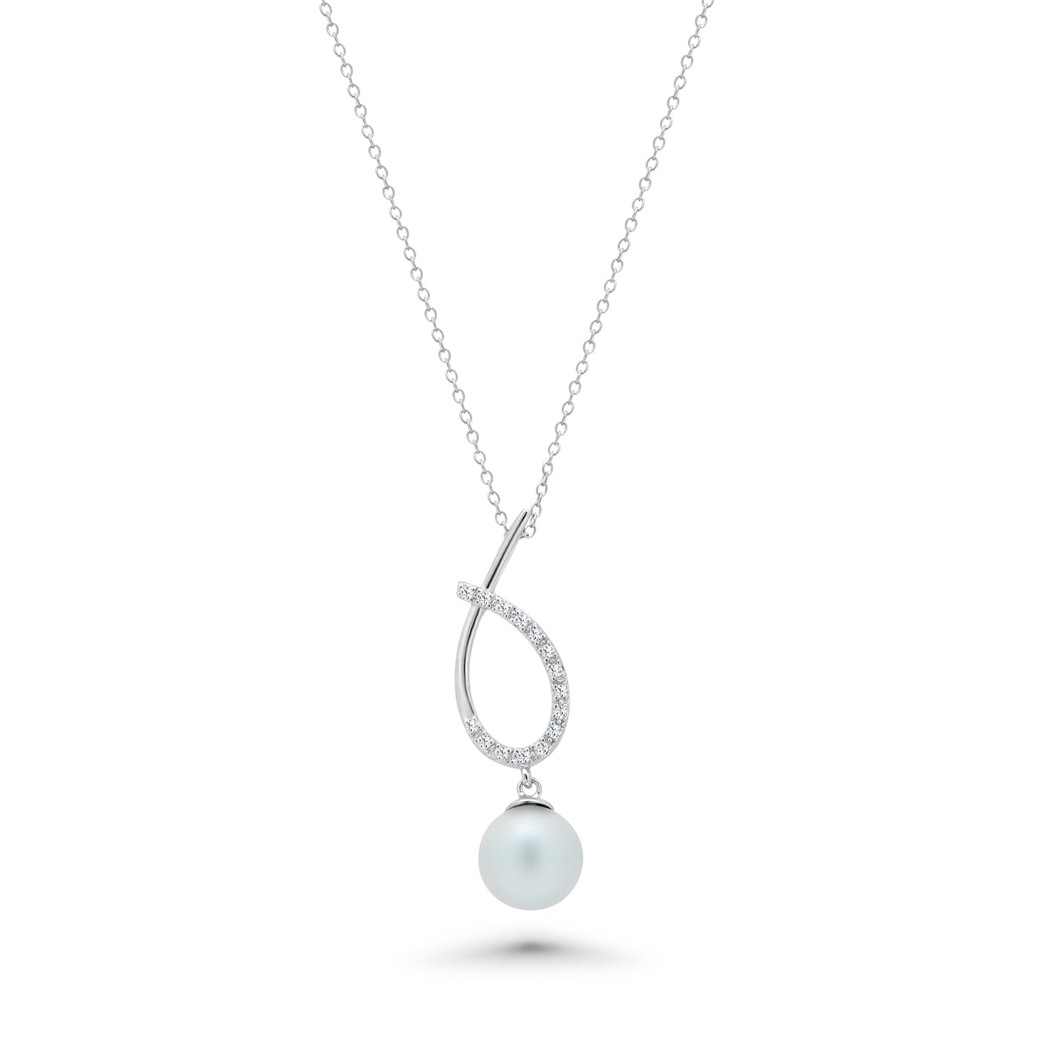 Juego colgante de circonita cúbica con perlas ovaladas superpuestas abiertas transparentes chapadas en rodio de plata 925 - BGS00252