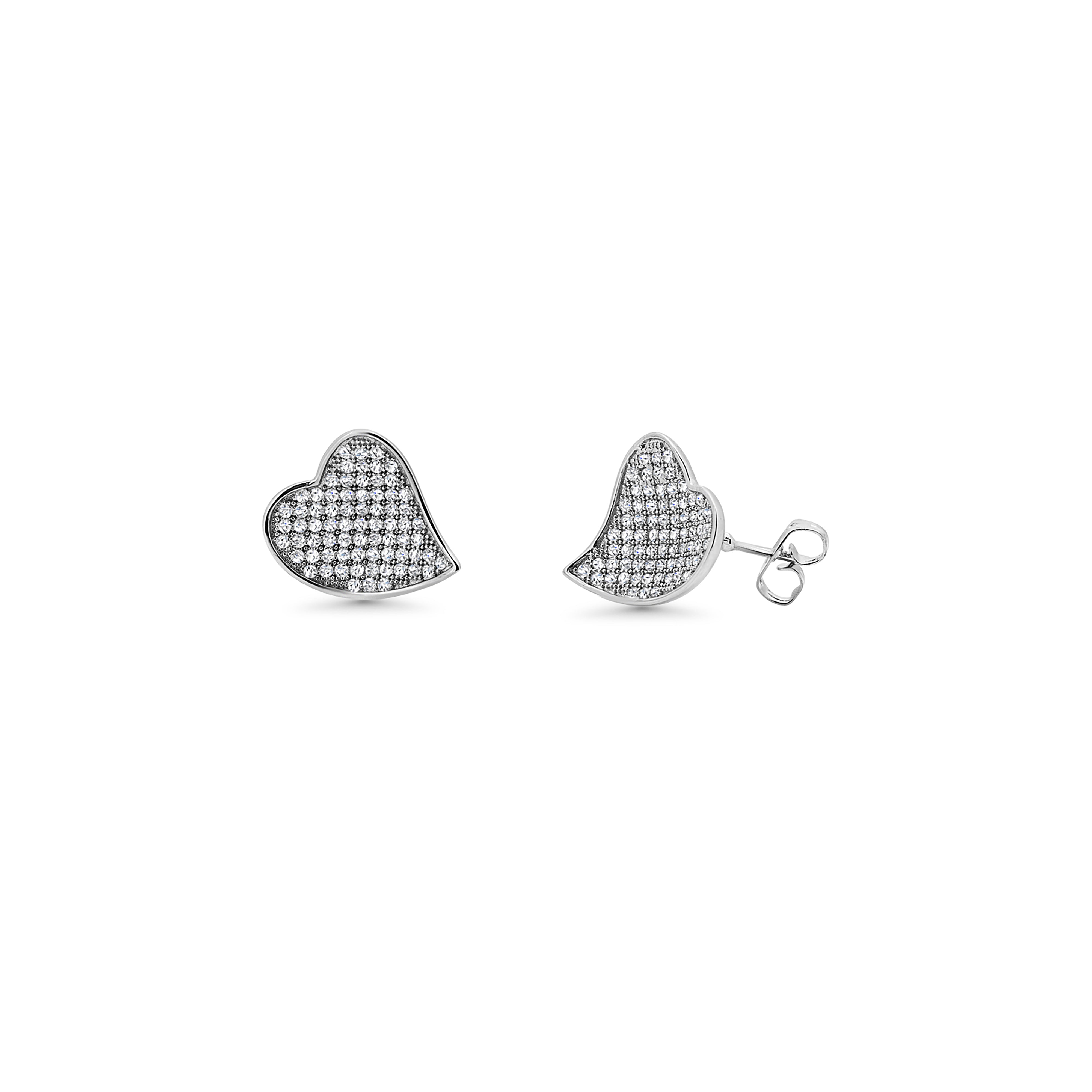 Rhodium Plated 925 Sterling Silver Micro Pave Clear Curled Heart CZ Stud Earring and Necklace Set - BGS00254