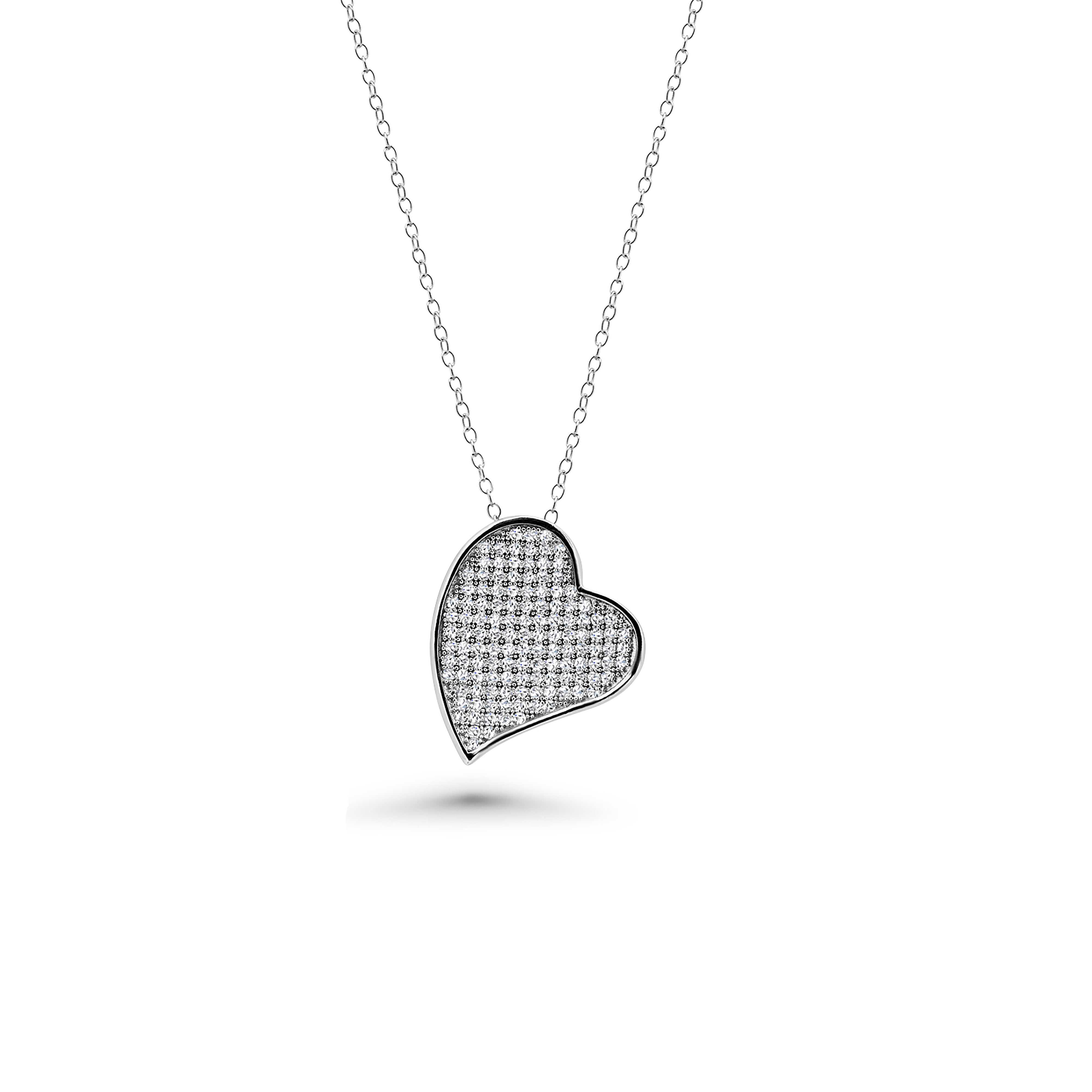 Rhodium Plated 925 Sterling Silver Micro Pave Clear Curled Heart CZ Stud Earring and Necklace Set - BGS00254