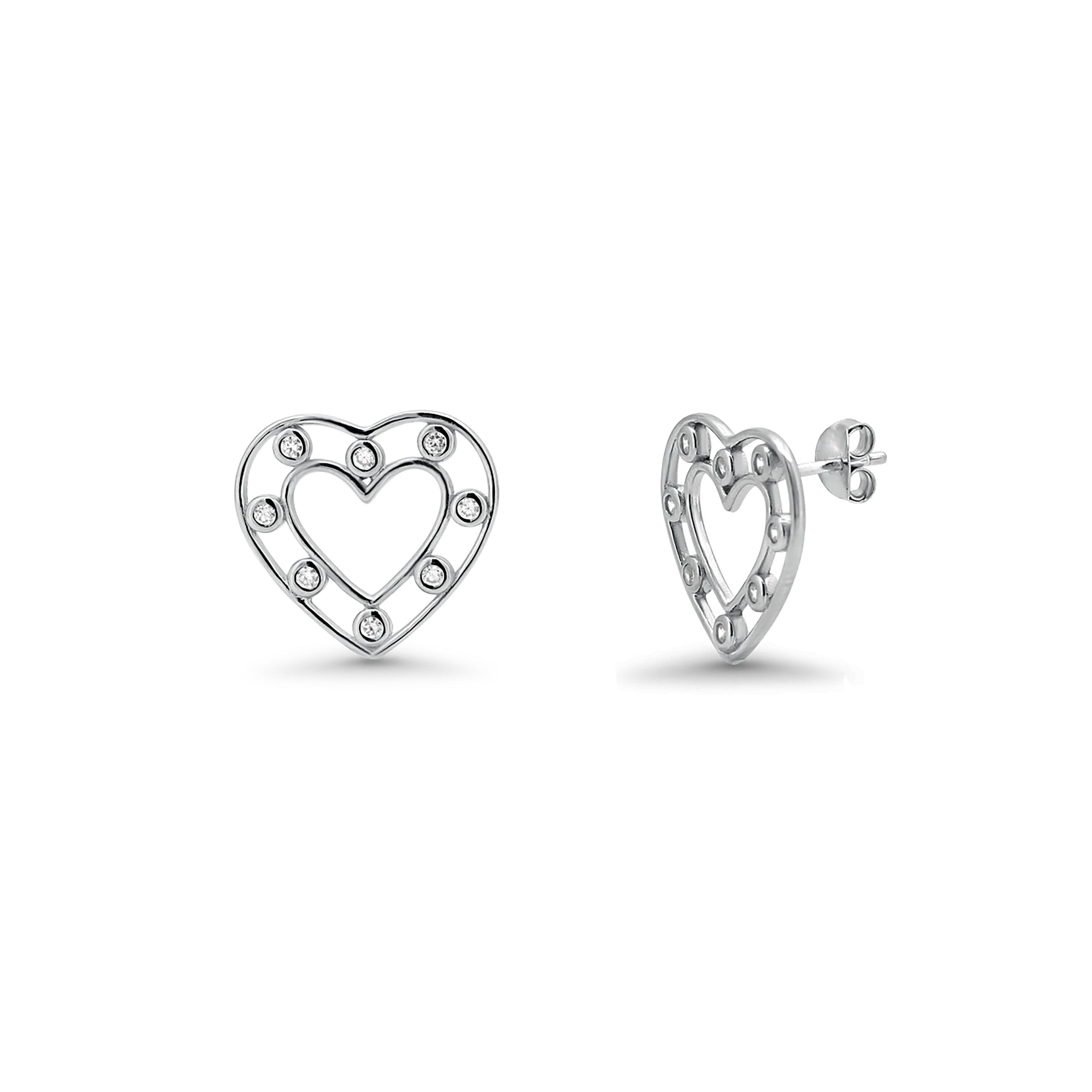 Rhodium Plated 925 Sterling Silver Clear Bezel CZ Open Outline Heart CZ Stud Earring and Dangling Necklace Set - BGS00262