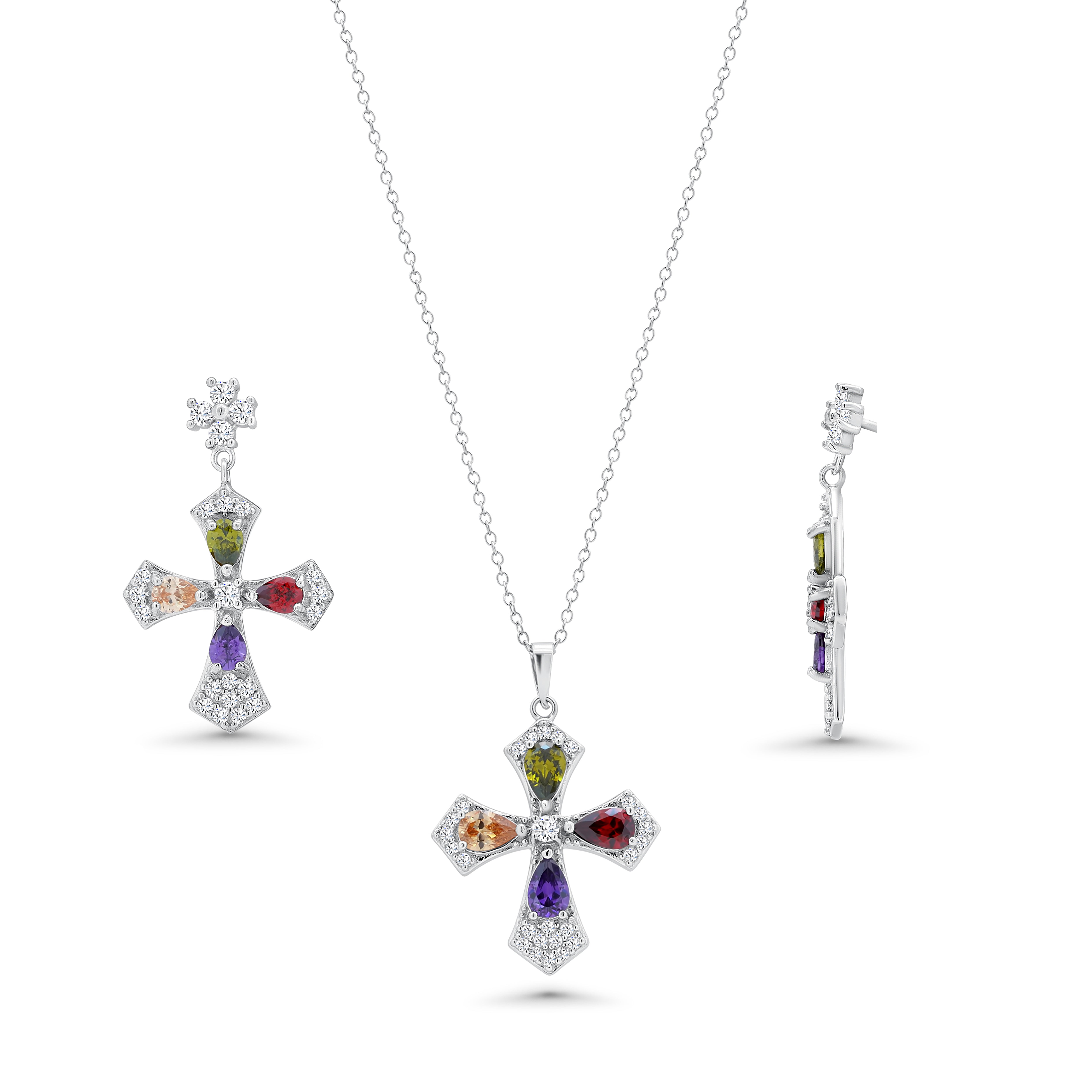 Juego de collar y aretes colgantes con circonita cúbica multicolor, chapado en rodio, plata 925 - BGS00274