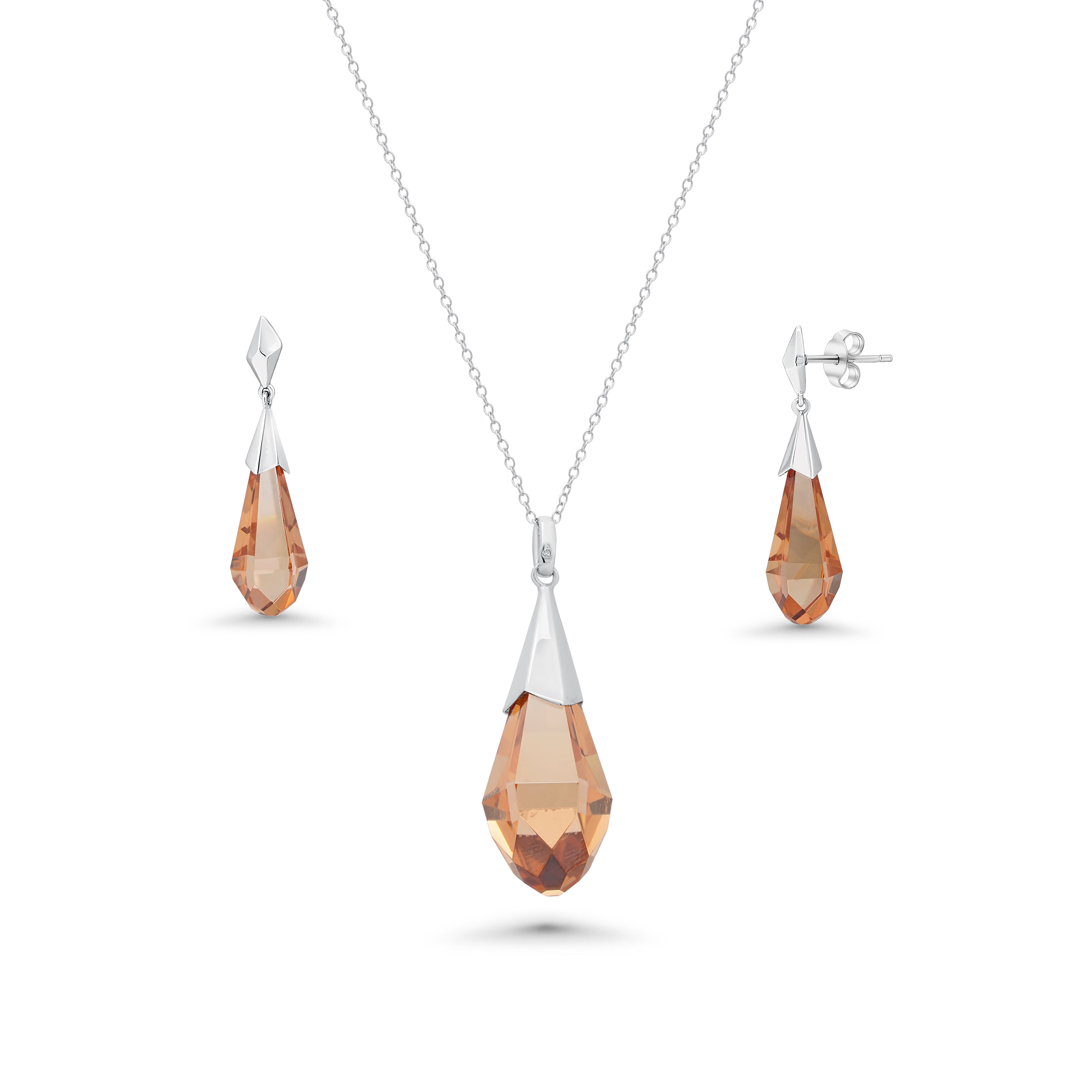 Rhodium Plated 925 Silver CZ Champagne Drop CZ Hanging Stud Earring and Necklace Set - BGS00279
