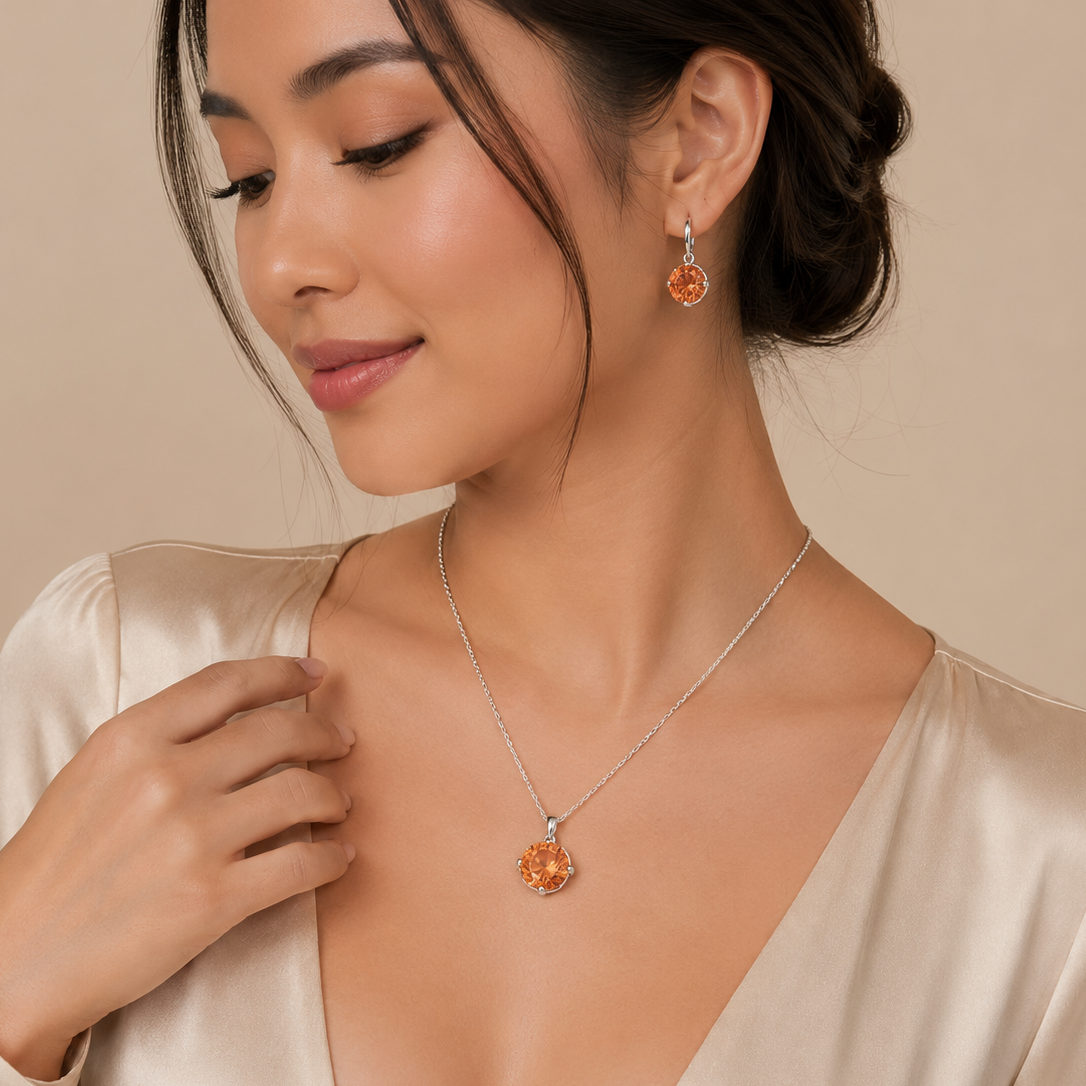 Juego de aretes y collar con gancho de circonita marrón redondo chapado en rodio de plata 925 - BGS00285