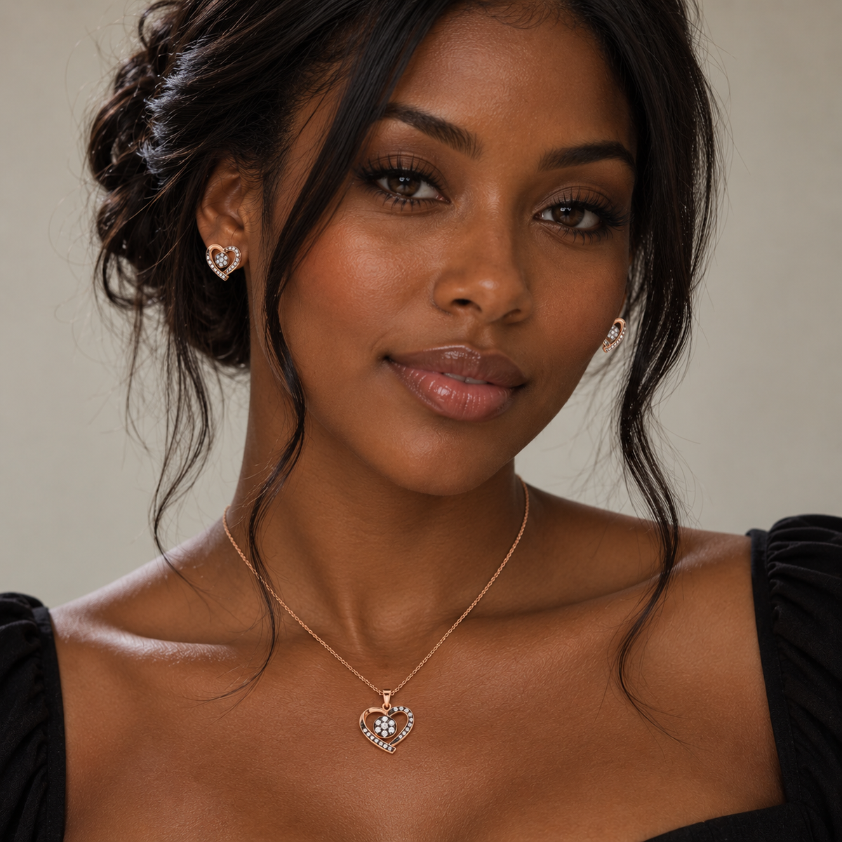 Clearance-Rose Gold & Black Rhodium Plated 925 Sterling Silver CZ Heart Earring & Necklace Set - BGS00314