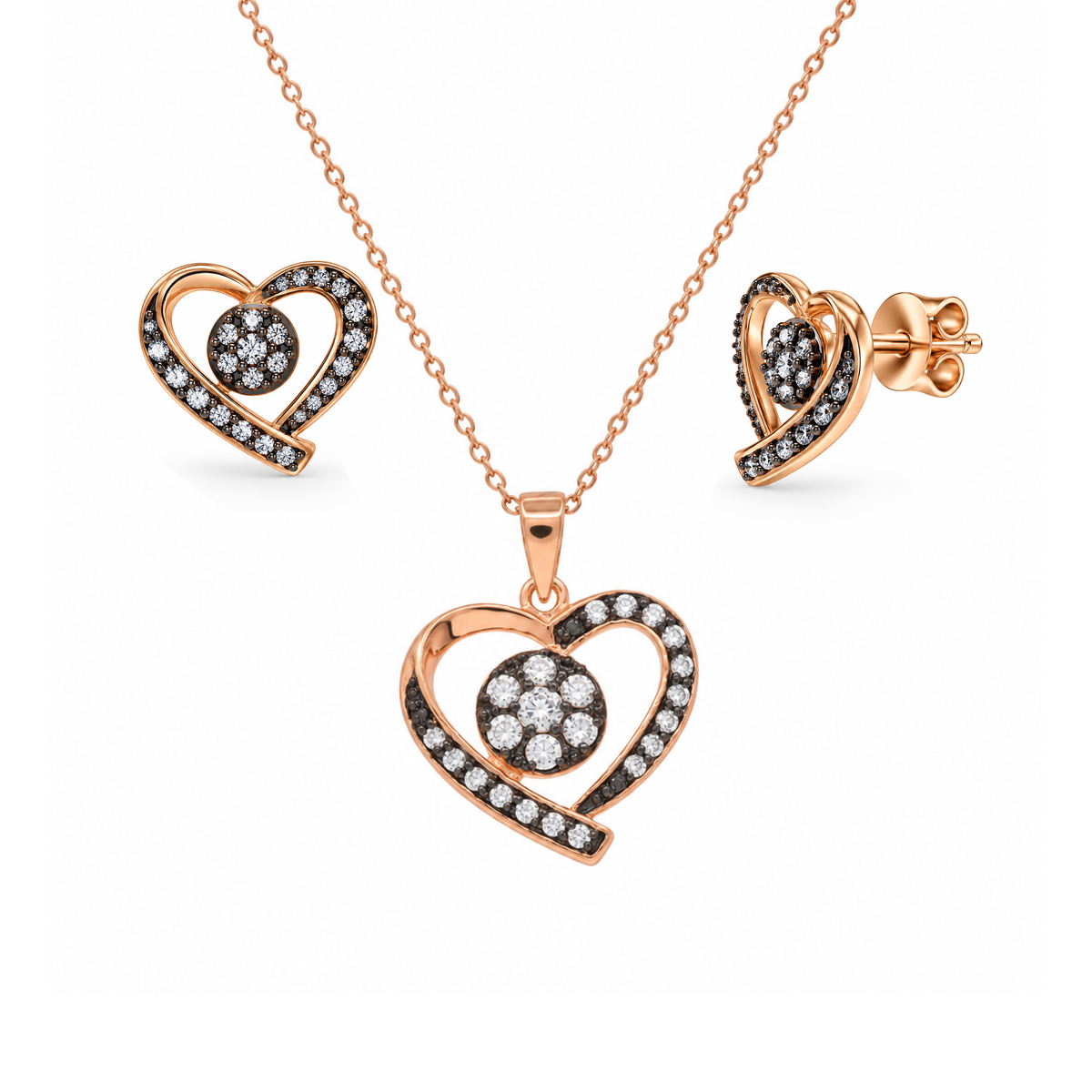 Clearance-Rose Gold & Black Rhodium Plated 925 Sterling Silver CZ Heart Earring & Necklace Set - BGS00314