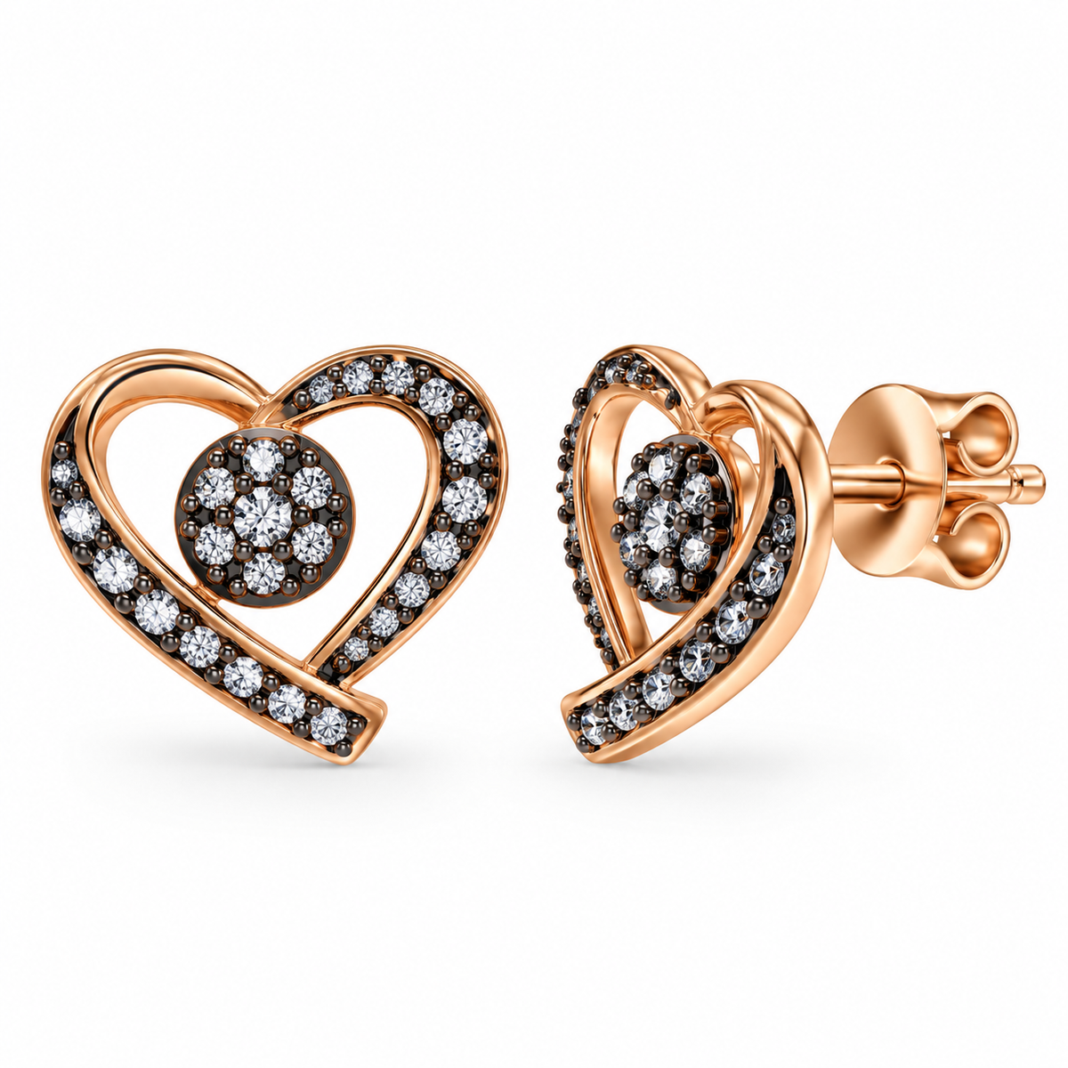 Clearance-Rose Gold & Black Rhodium Plated 925 Sterling Silver CZ Heart Earring & Necklace Set - BGS00314