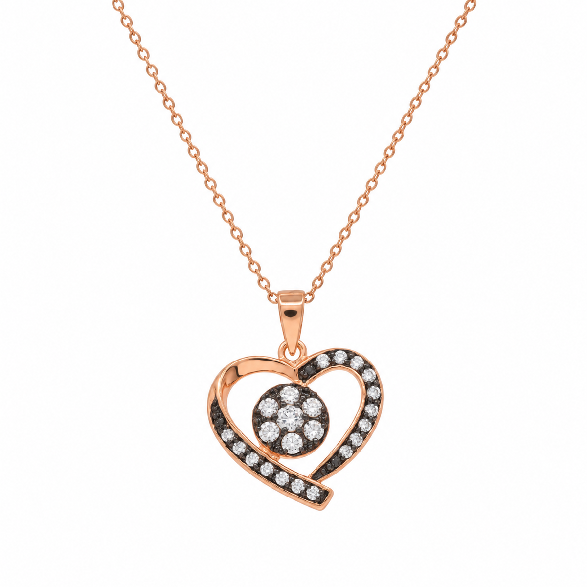 Clearance-Rose Gold & Black Rhodium Plated 925 Sterling Silver CZ Heart Earring & Necklace Set - BGS00314