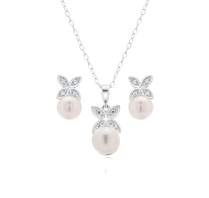 Rhodium Plated 925 Sterling Silver Clear CZ Hanging Pearl Butterfly Set - BGS00319