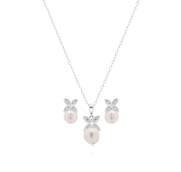 Rhodium Plated 925 Sterling Silver Clear CZ Hanging Pearl Butterfly Set - BGS00319