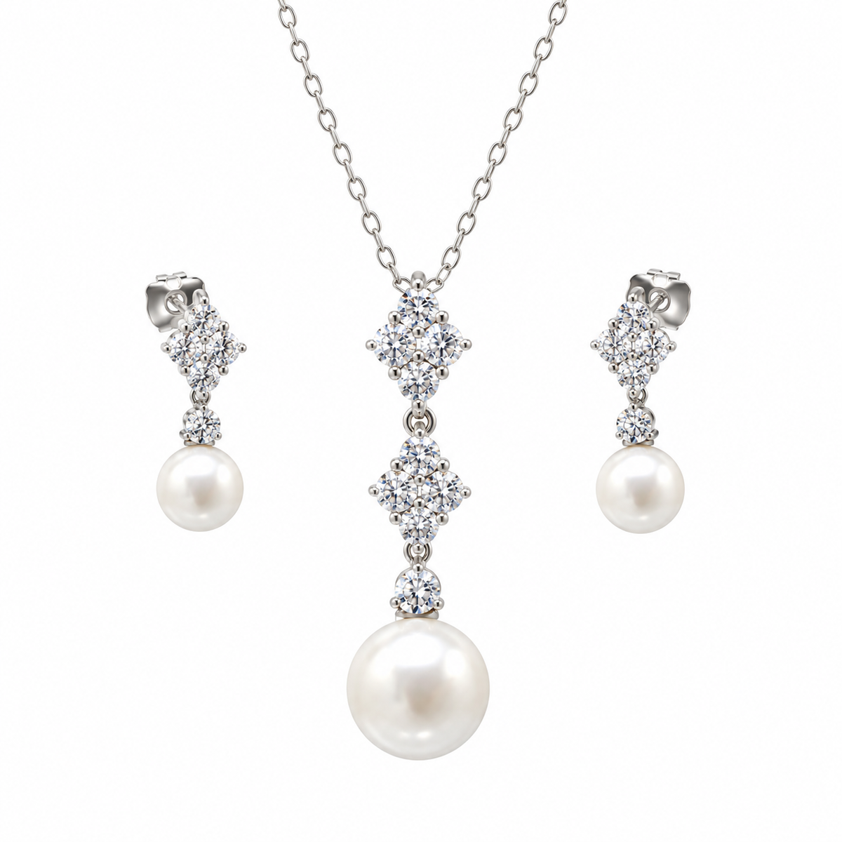 Rhodium Plated 925 Sterling Silver Ornate Pearl Clear CZ Dangle Earring and Necklace Set - BGS00320