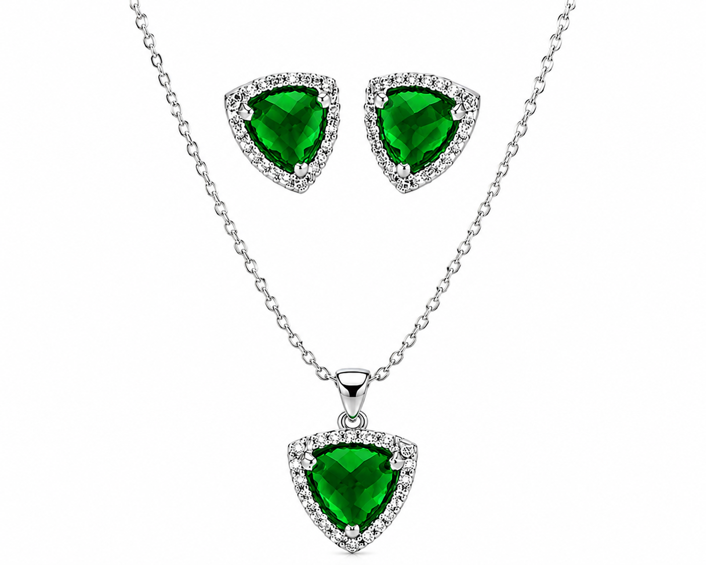 Rhodium Plated 925 Sterling Silver Birtstone CZ Triangle Cusion Earring & Pendant Set - BGS00326| BGS00327 | BGS00328 | BGS00329