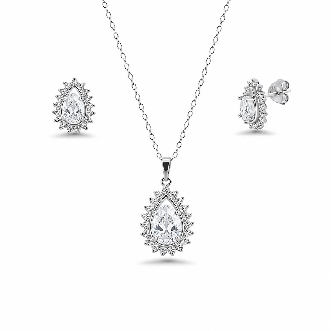 Rhodium Plated 925 Silver Colored CZ Birthstone Tear Drop Cluster Earring and Necklace Set - BGS00363 | BGS00364 | BGS00366 |BGS00367
