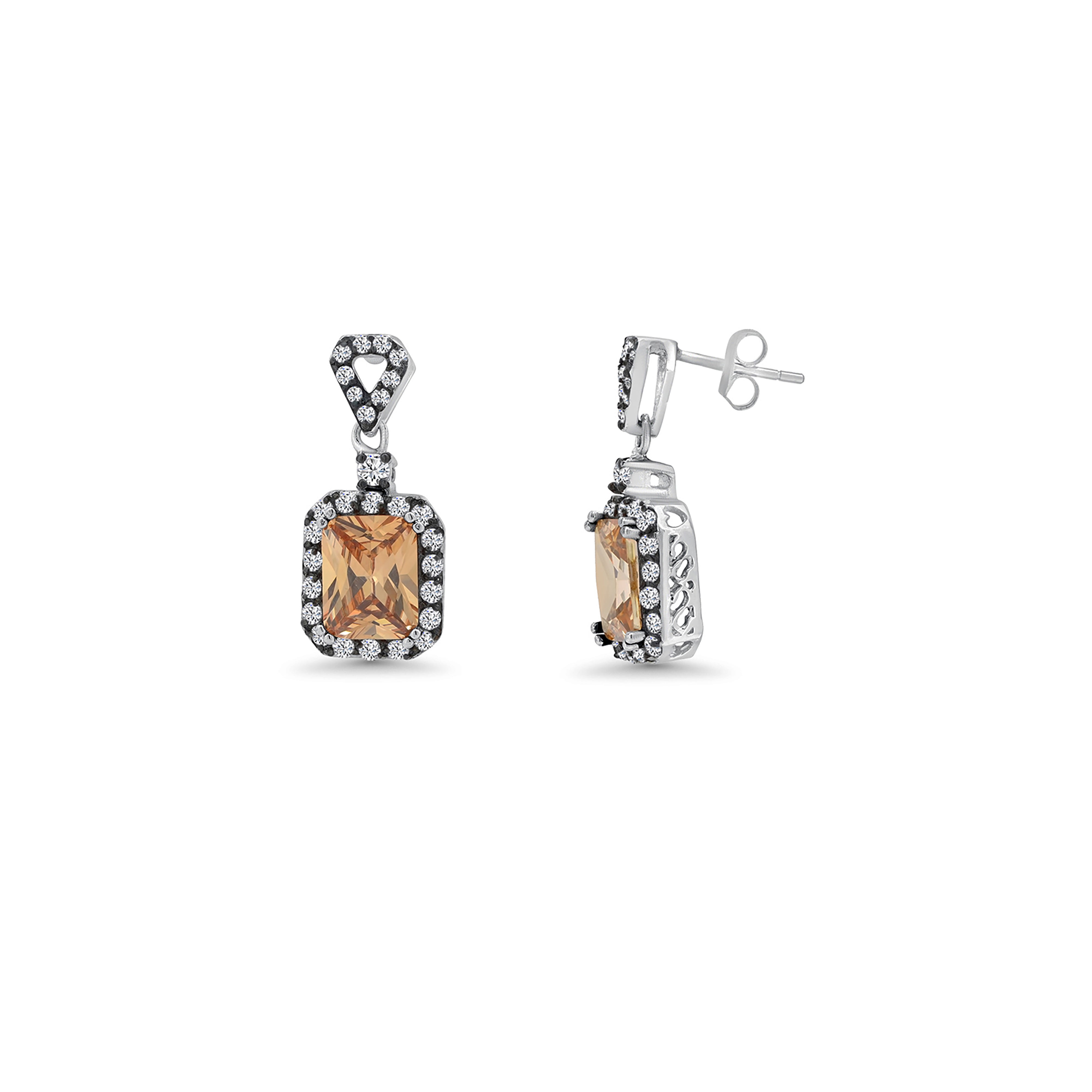 Juego de pendientes con pasador colgante y collar de plata 925 bañada en rodio negro con circonitas cúbicas redondas y rectangulares color tostado - BGS00375