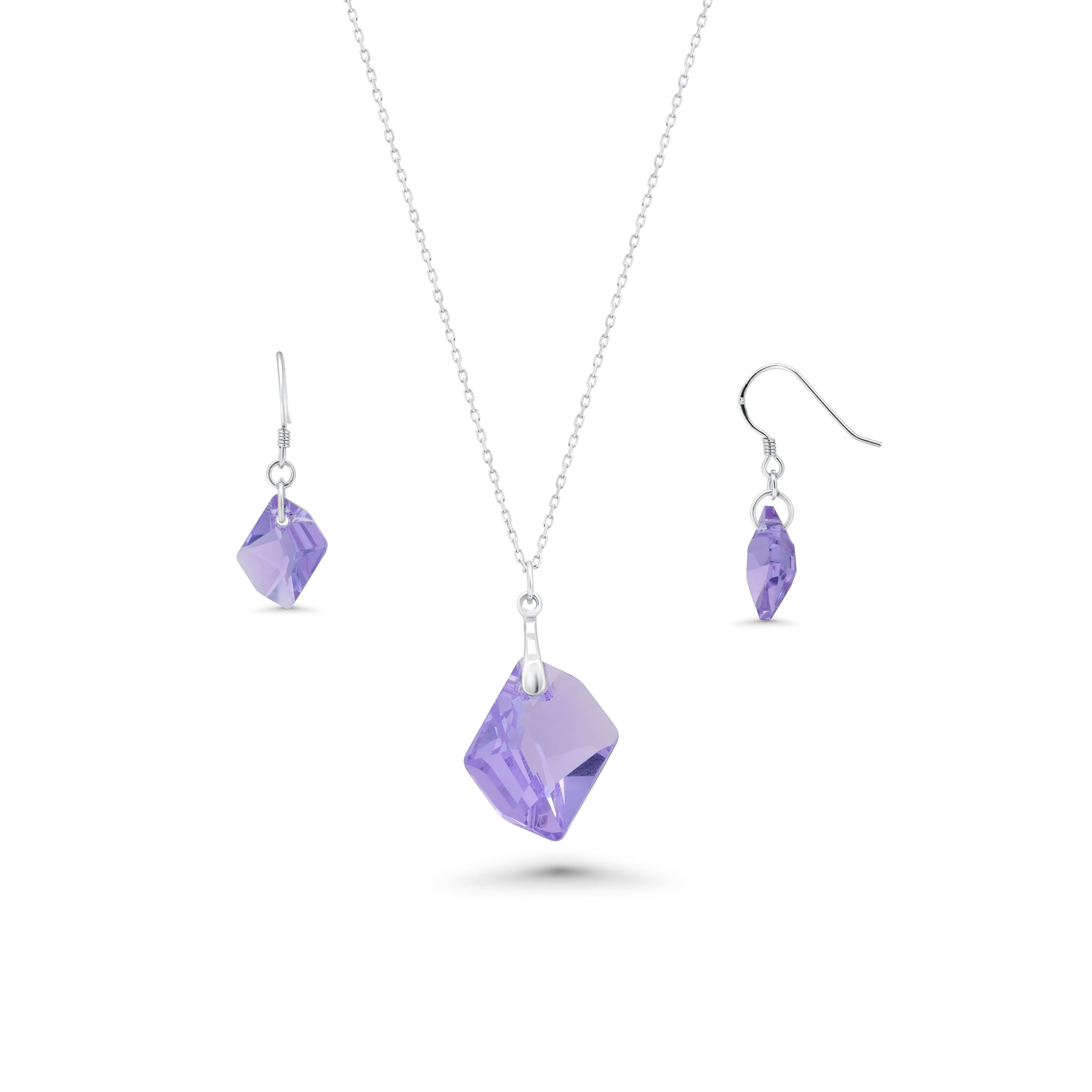 Rhodium Plated 925 Silver Purple CZ Abstract Dangle Earring & Necklace Set  - BGS00387