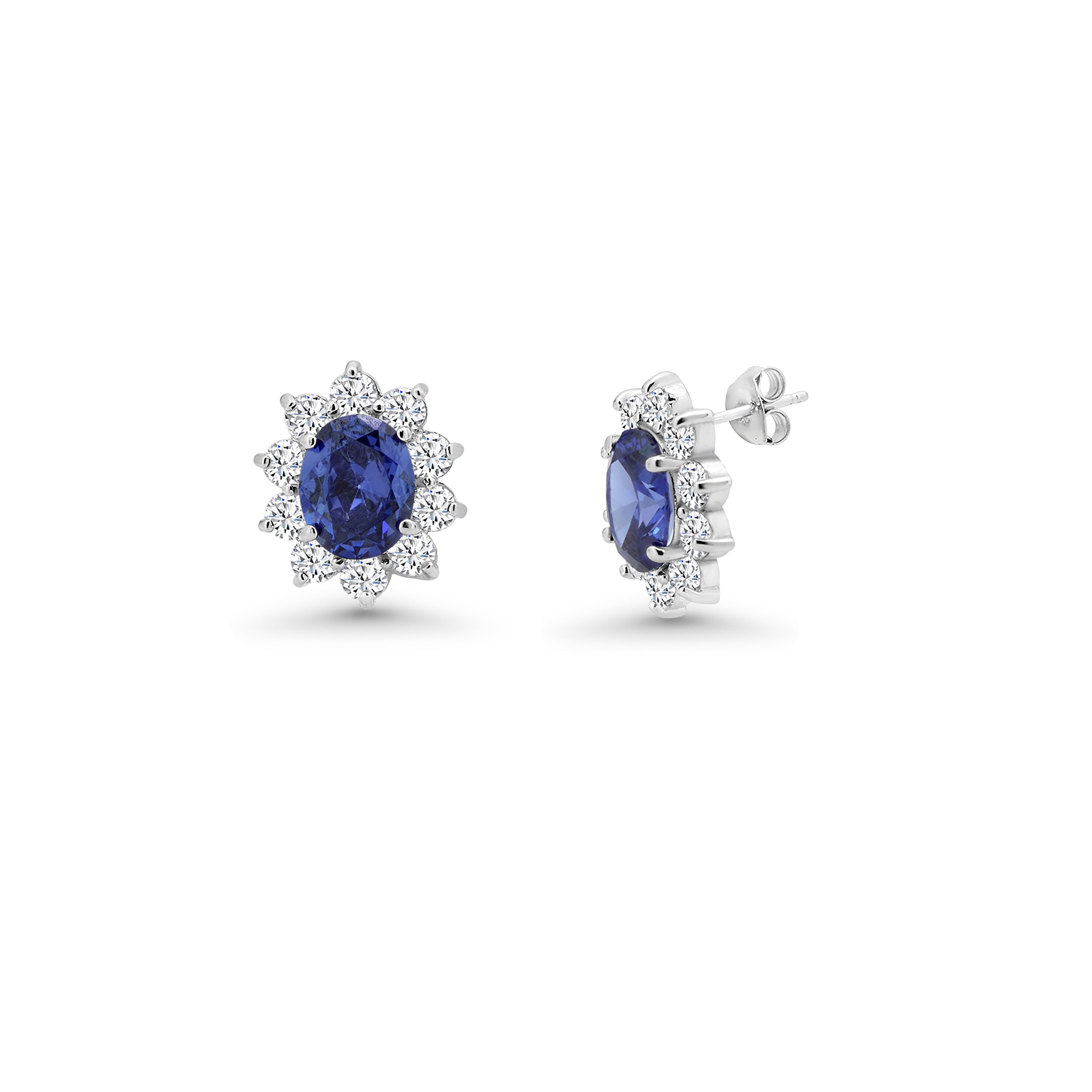 Juego de aretes y collar con circonita cúbica y flor en racimo azul, chapado en rodio, plata 925, BGS00394