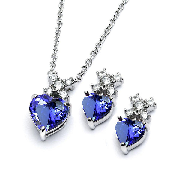 Silver 925 Rhodium Plated Clear Round & Birthstone Heart CZ Stud Earring and Necklace Set - BGS00399